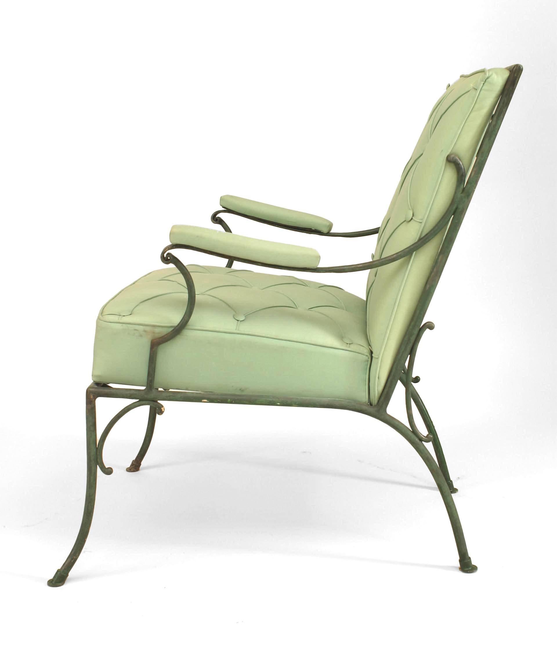 Pair of French Green Cushions Iron Armchairs For Sale 1