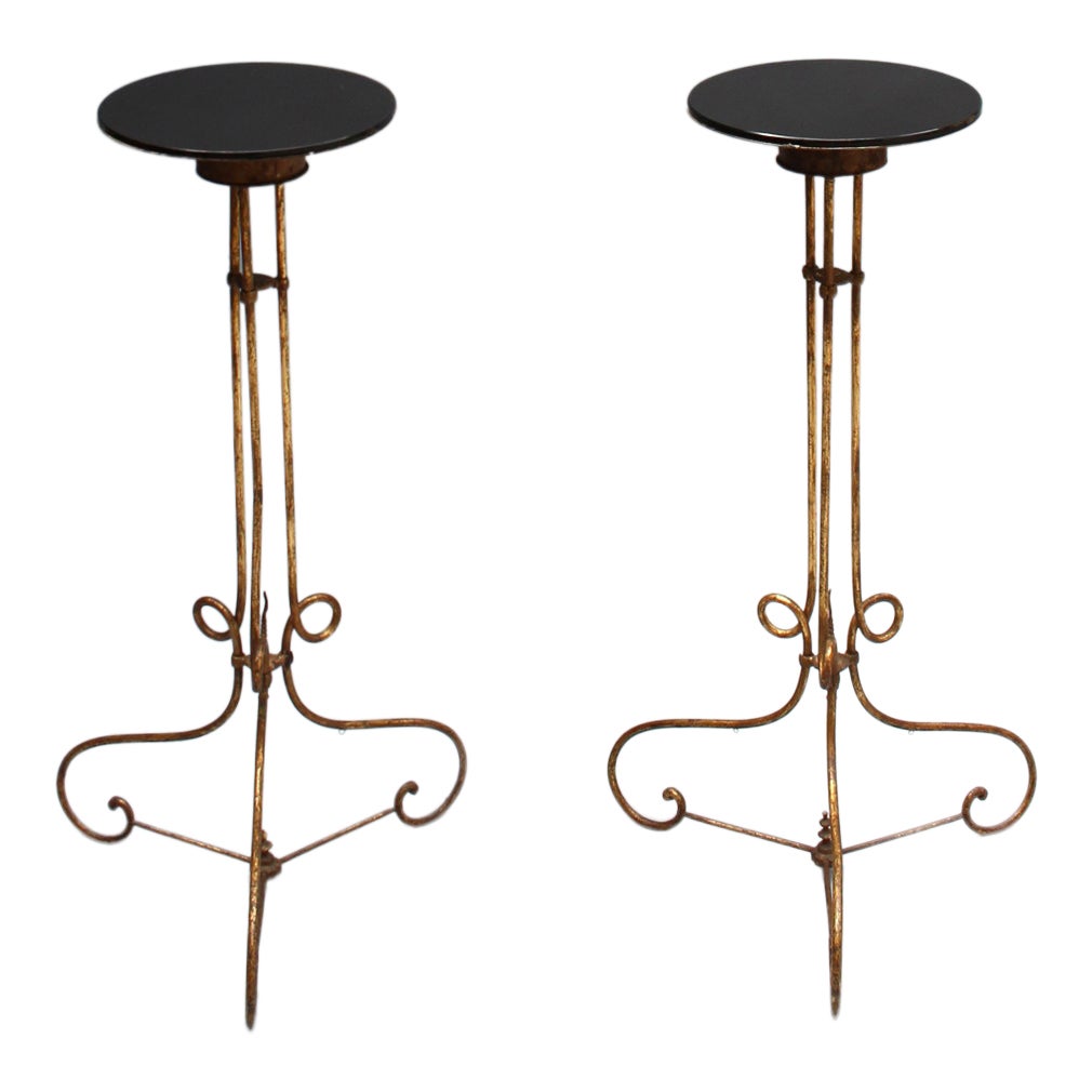 Pair of Fine French 1940s Wrought Iron and Black Opaline Pedestal Stands