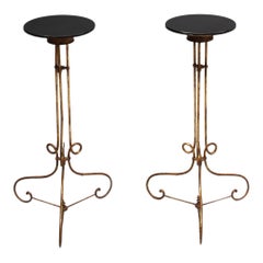 Pair of Fine French 1940s Wrought Iron and Black Opaline Pedestal Stands