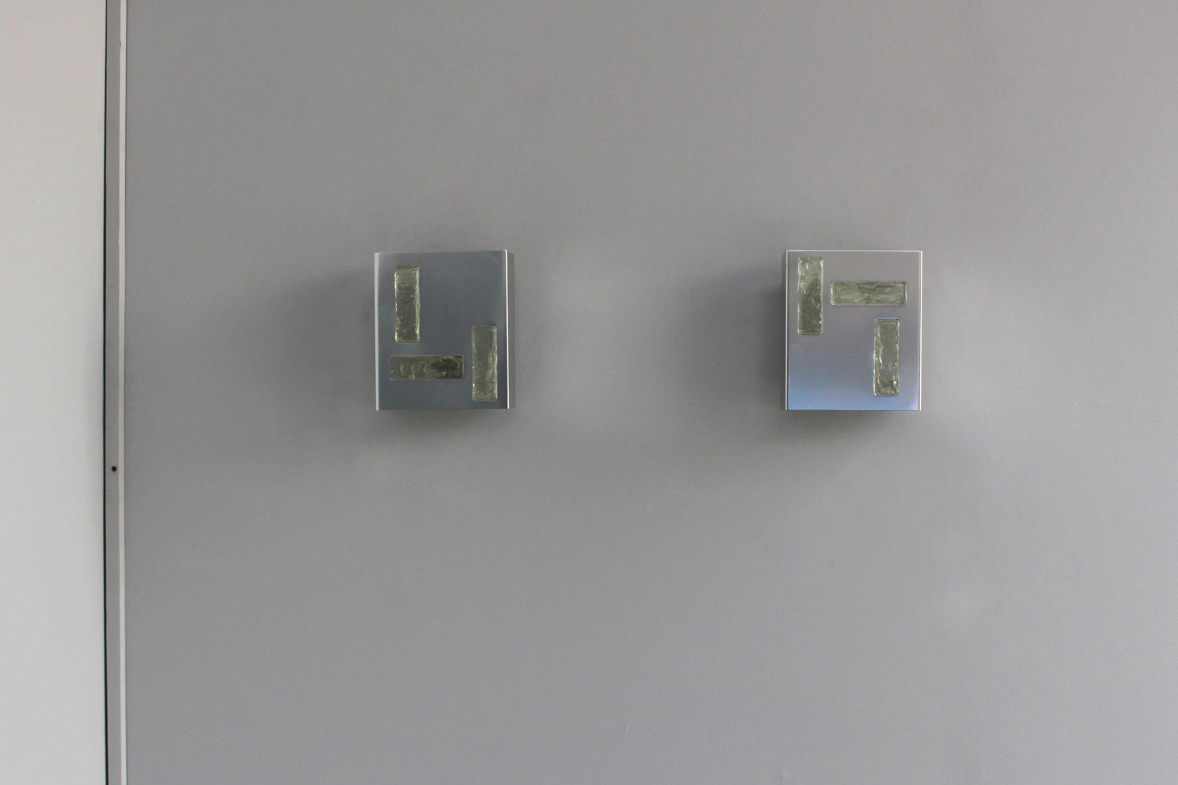 Mid-Century Modern Pair of Fine French 1970's Nickel and Glass Slab Sconce by Perzel