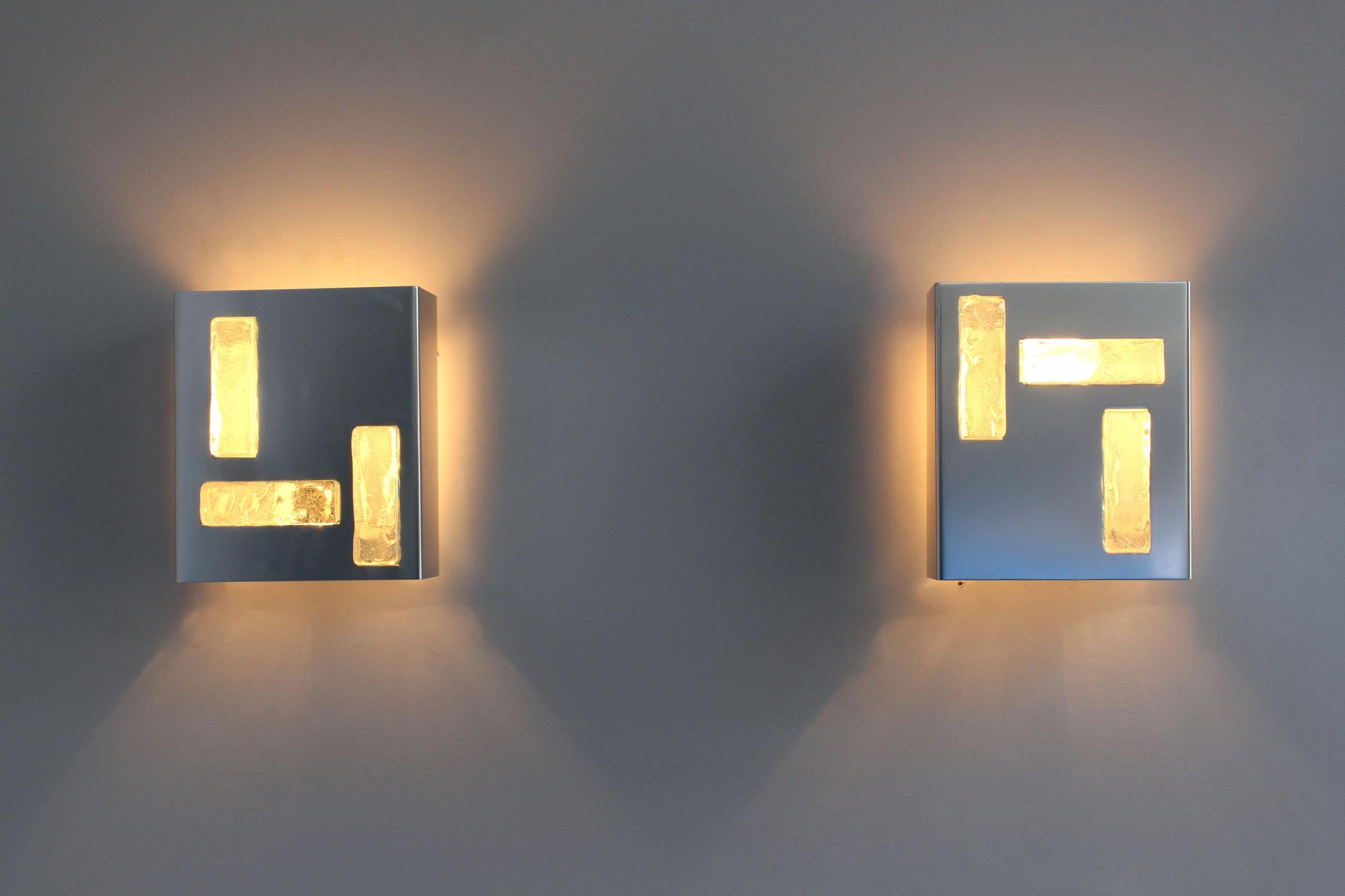 Pair of Fine French 1970's Nickel and Glass Slab Sconce by Perzel In Good Condition In Long Island City, NY