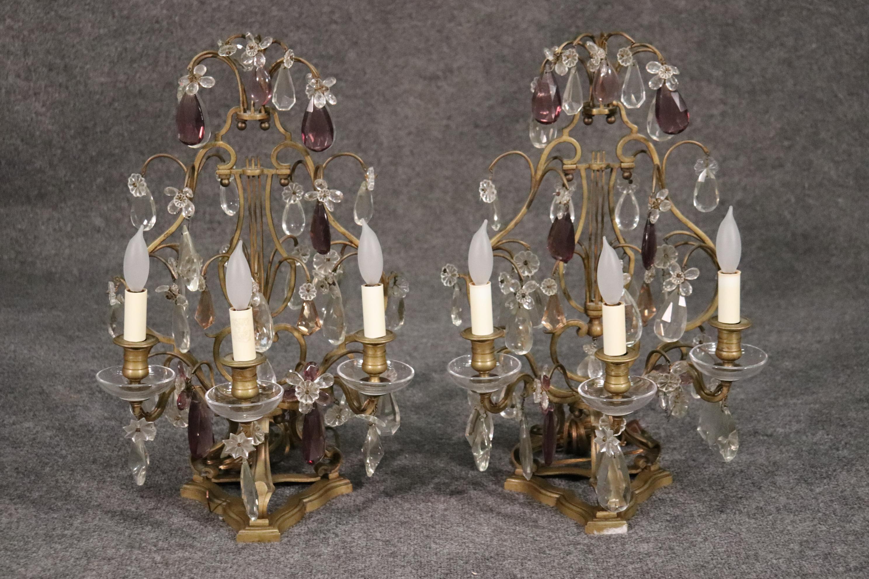 Pair of Fine French Amythest Colored and Clear Crystal Prism Candelabrum In Good Condition For Sale In Swedesboro, NJ