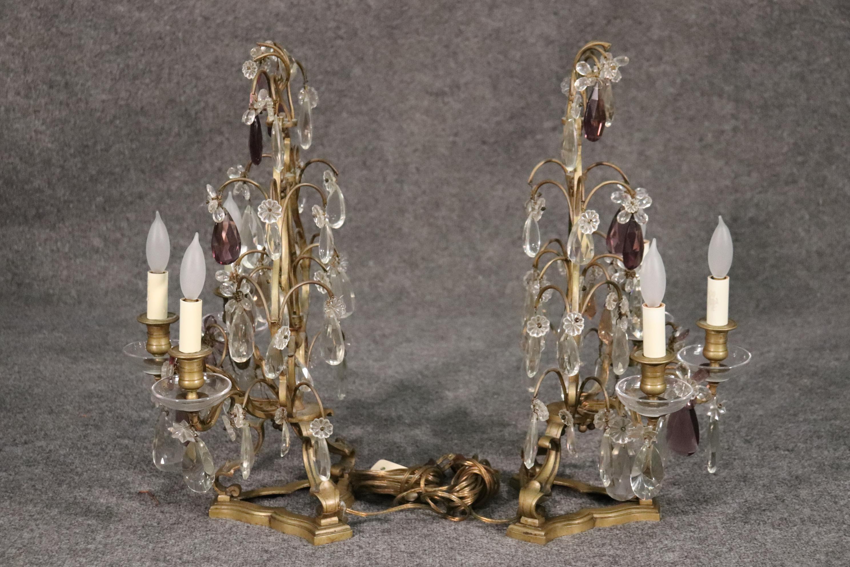 Mid-20th Century Pair of Fine French Amythest Colored and Clear Crystal Prism Candelabrum For Sale