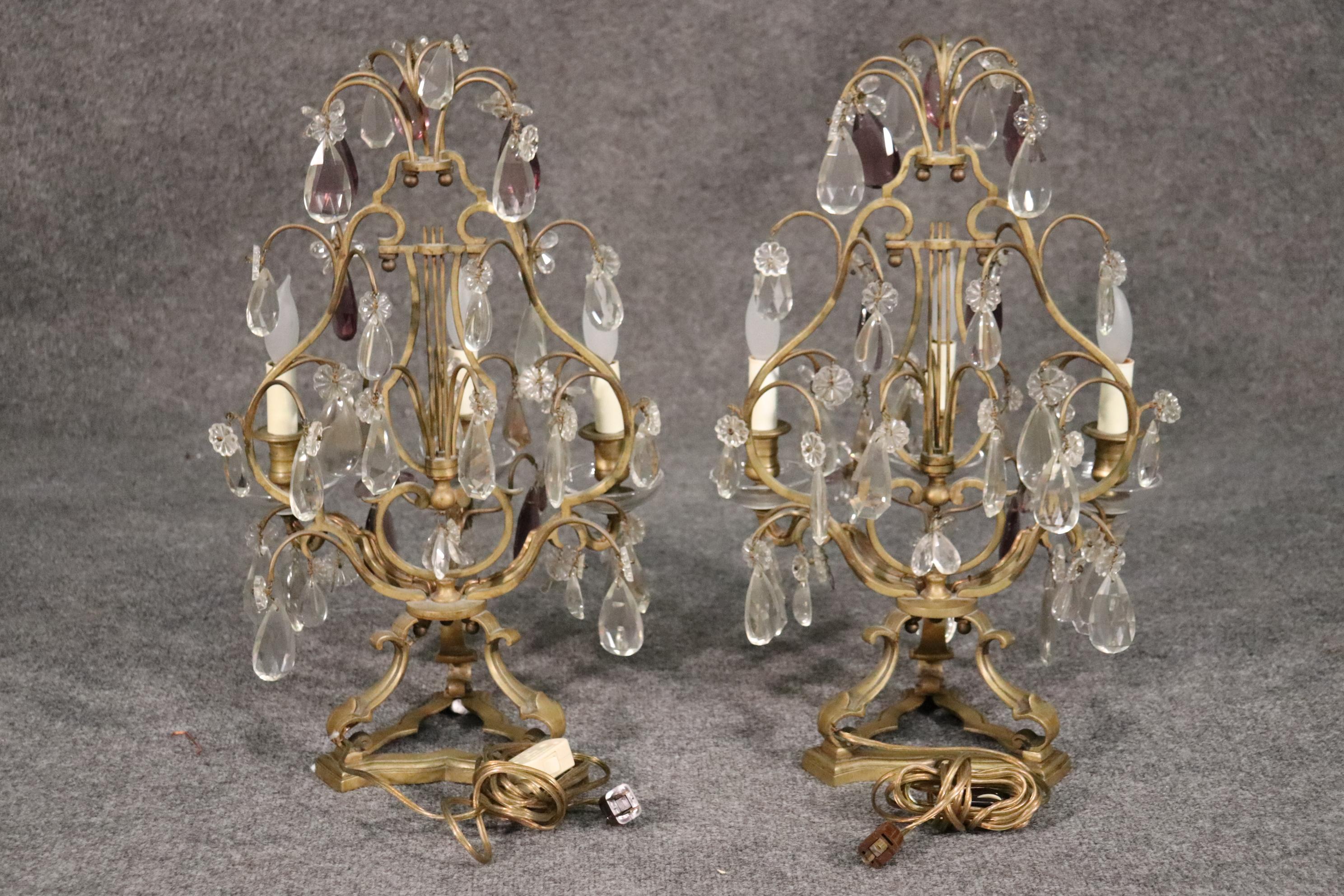 Bronze Pair of Fine French Amythest Colored and Clear Crystal Prism Candelabrum For Sale