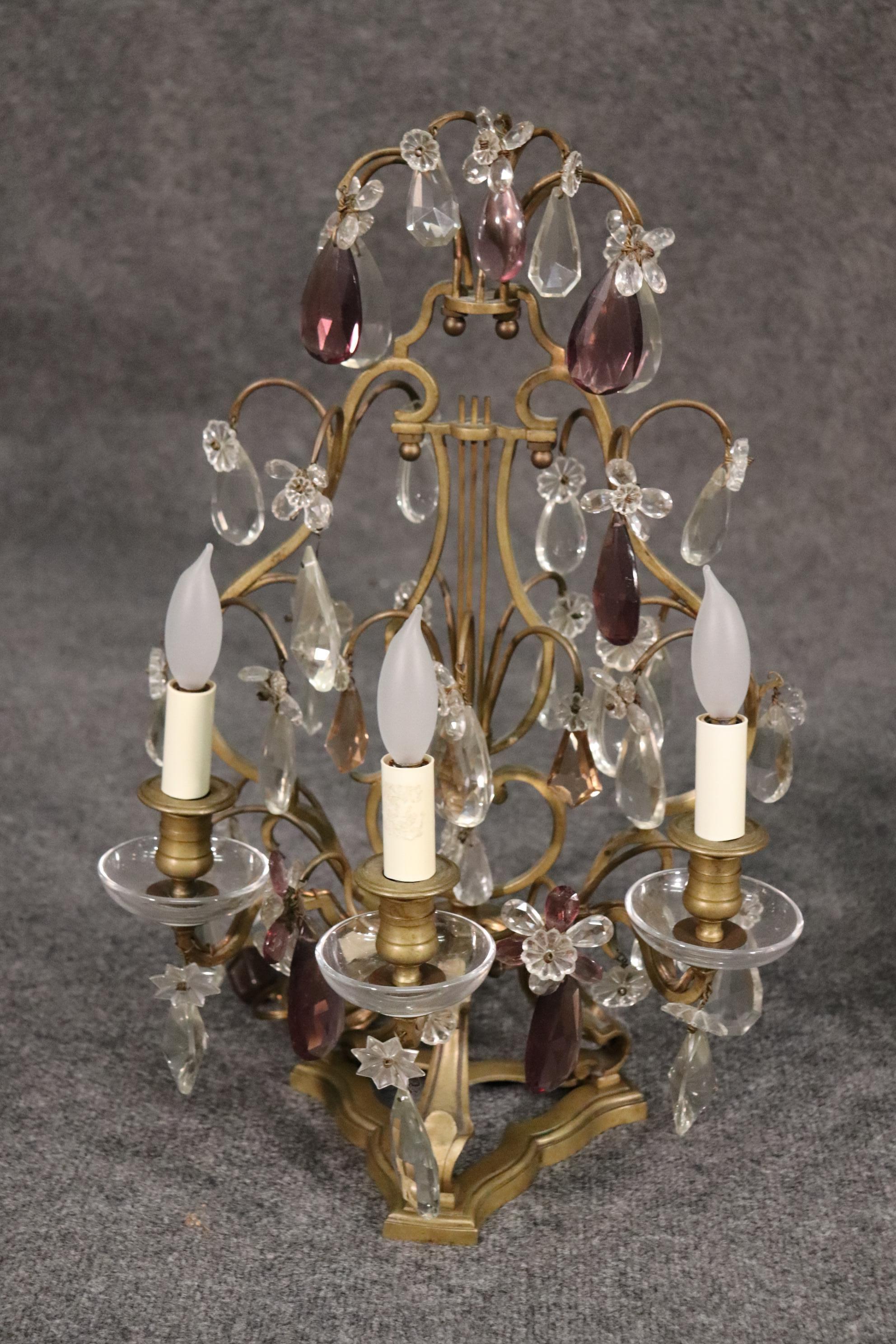 Pair of Fine French Amythest Colored and Clear Crystal Prism Candelabrum For Sale 1