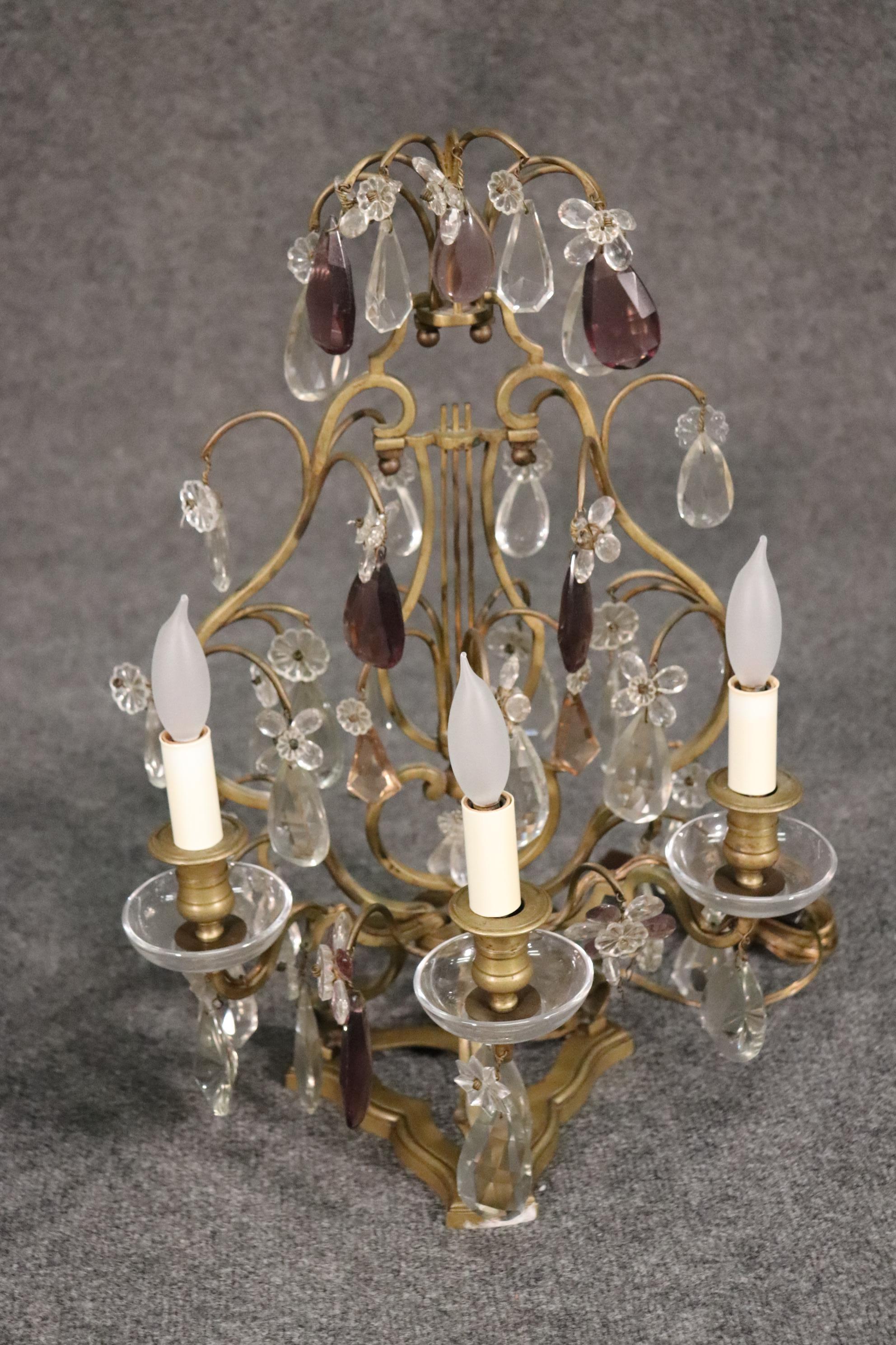 Pair of Fine French Amythest Colored and Clear Crystal Prism Candelabrum For Sale 2