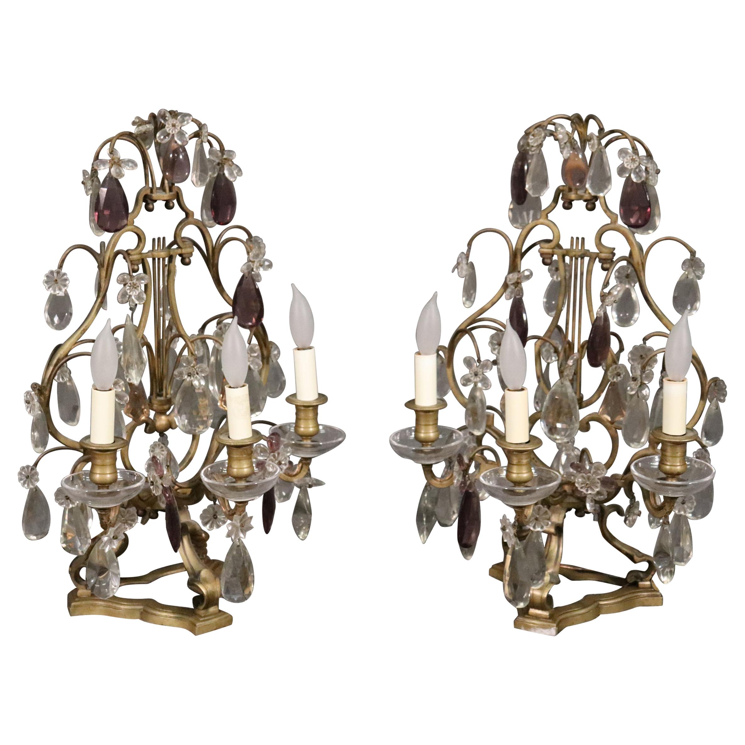 Pair of Fine French Amythest Colored and Clear Crystal Prism Candelabrum For Sale