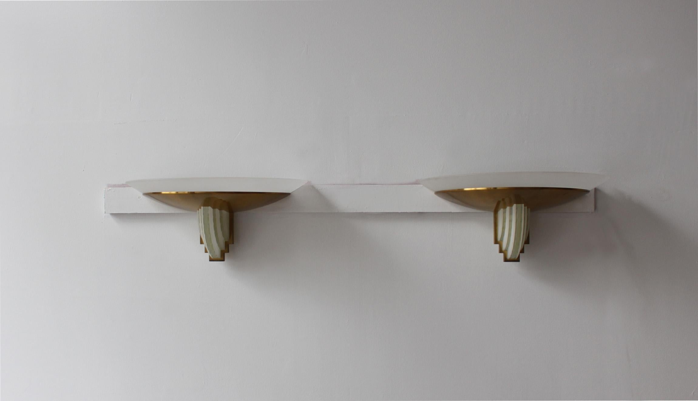 Frosted Pair of Fine French Art Deco Bronze and Cut Glass Sconces by Jean Perzel For Sale