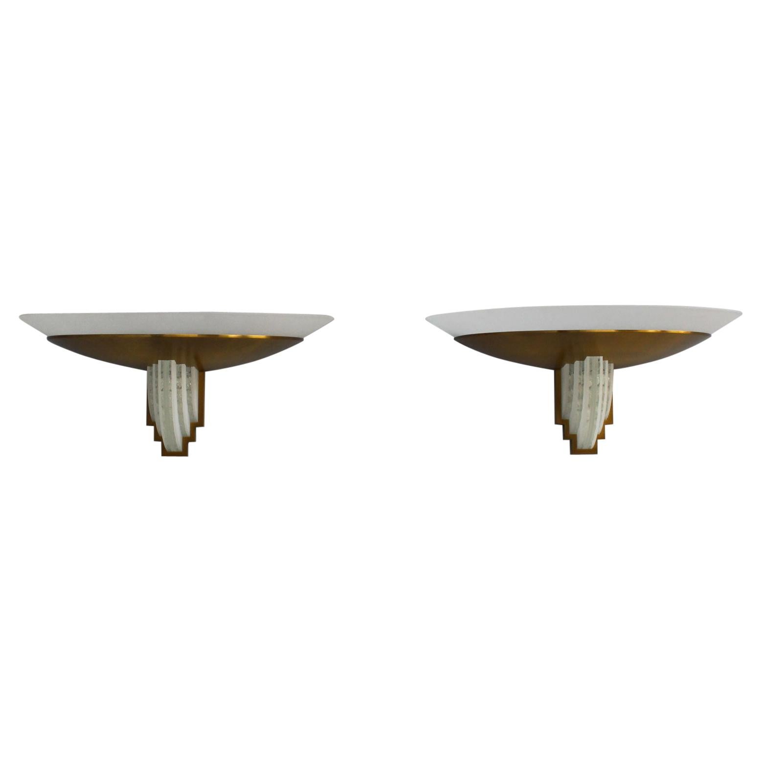Pair of Fine French Art Deco Bronze and Cut Glass Sconces by Perzel For Sale