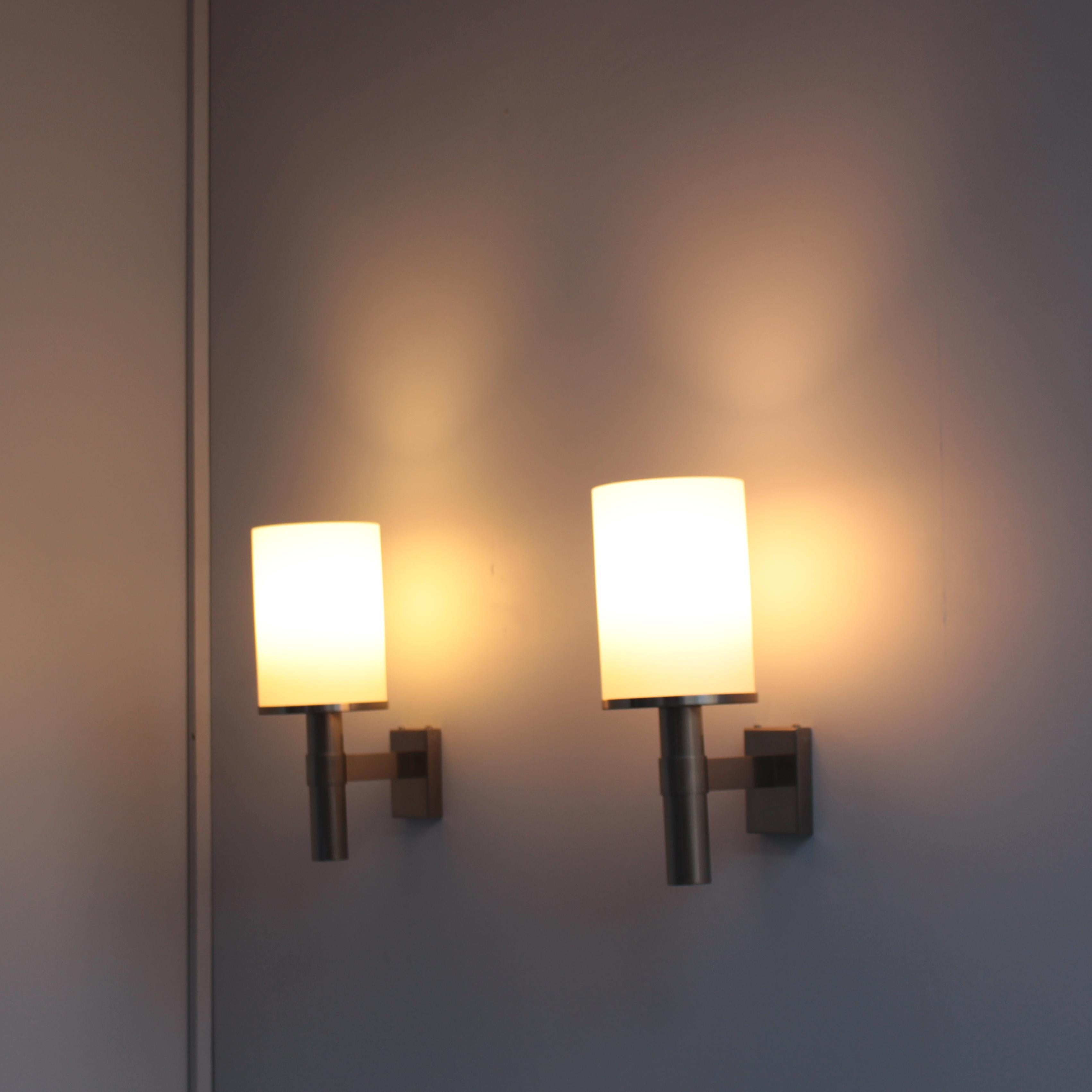 Pair of Fine French Art Deco Glass and Nickel Sconces by Atelier Jean Perzel For Sale 1