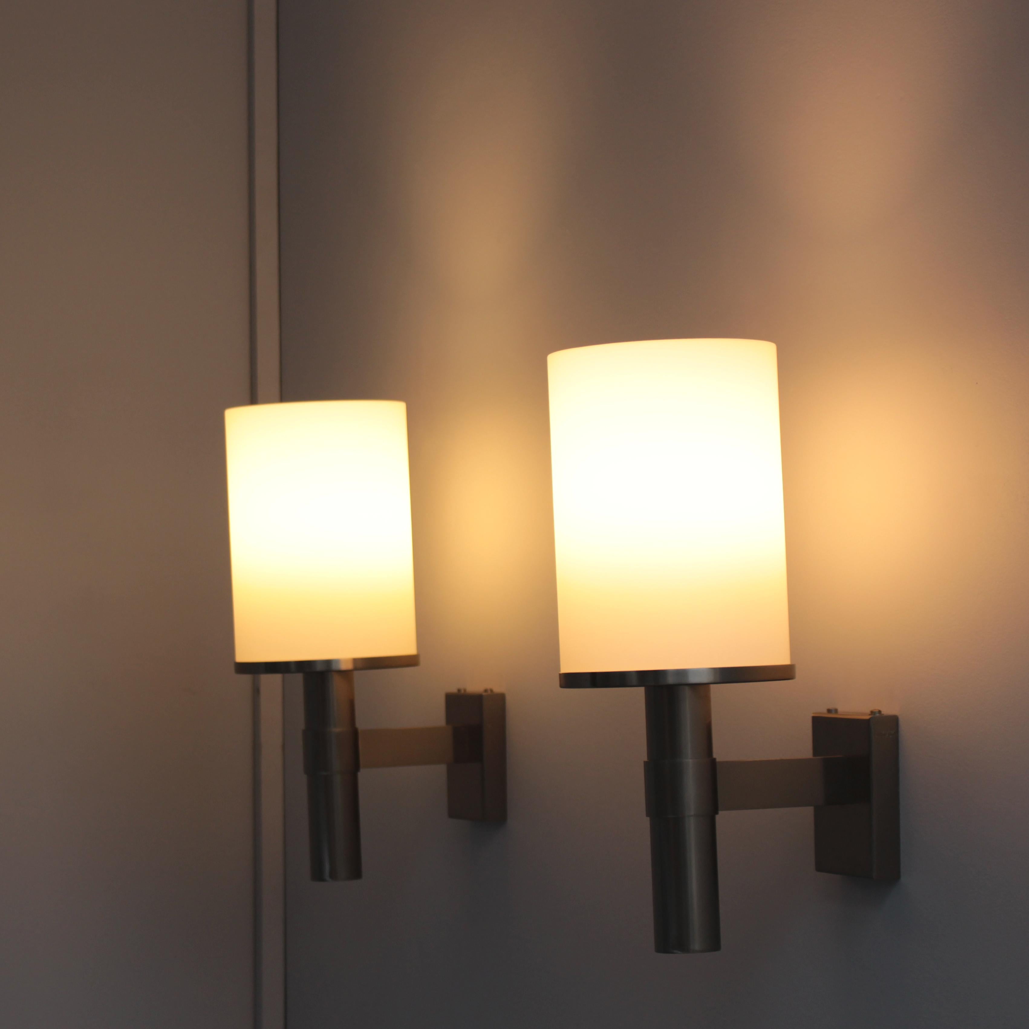 Pair of Fine French Art Deco Glass and Nickel Sconces by Atelier Jean Perzel For Sale 2