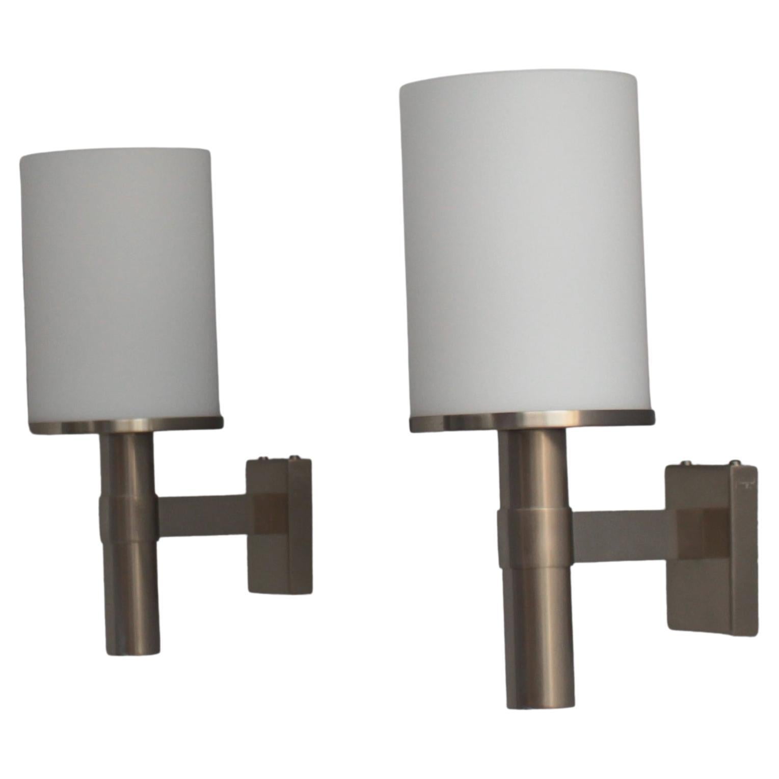Pair of Fine French Art Deco Glass and Nickel Sconces by Atelier Jean Perzel