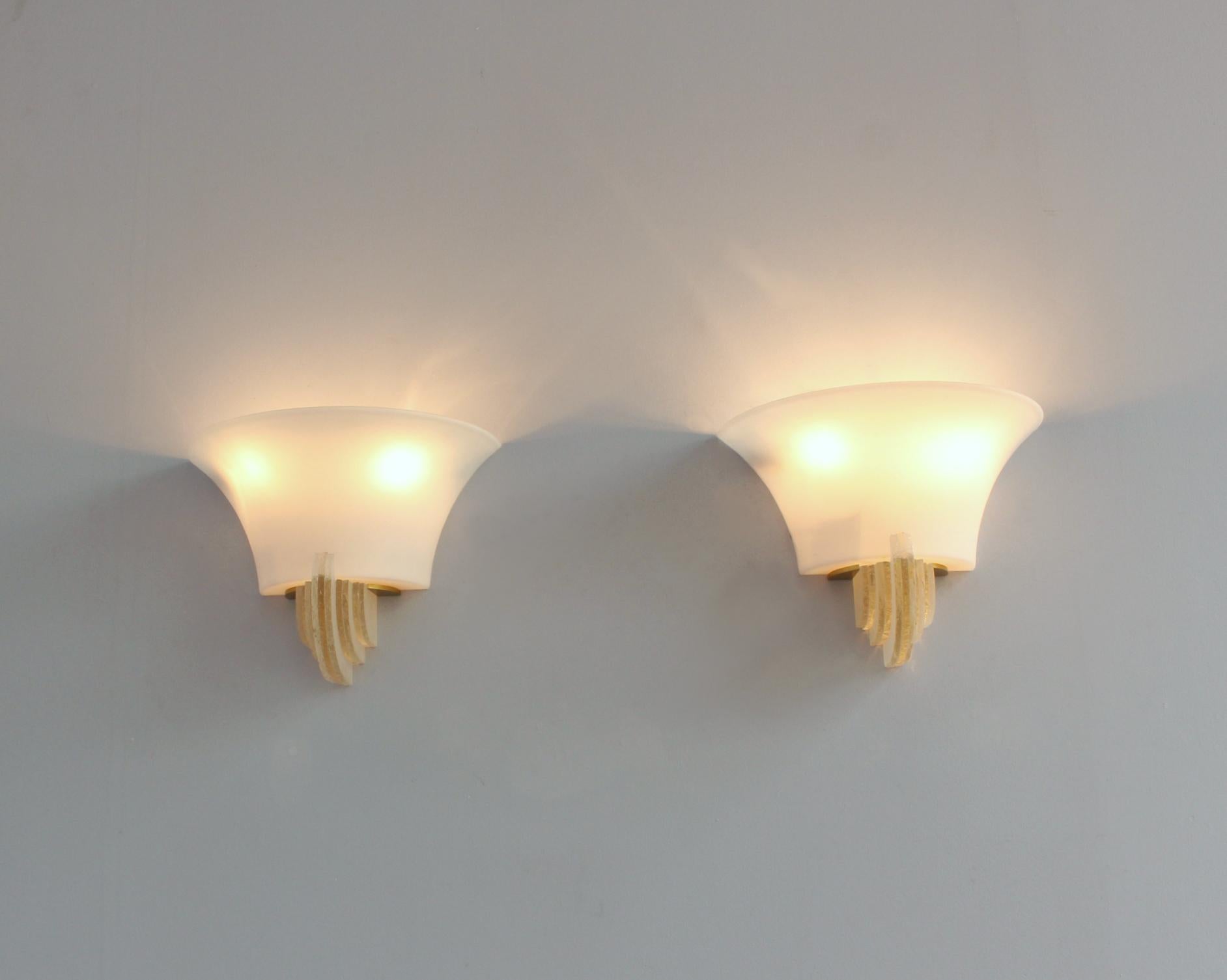 Pair of Fine French Art Deco Glass, Opaline and Bronze Sconces by Jean Perzel For Sale 3