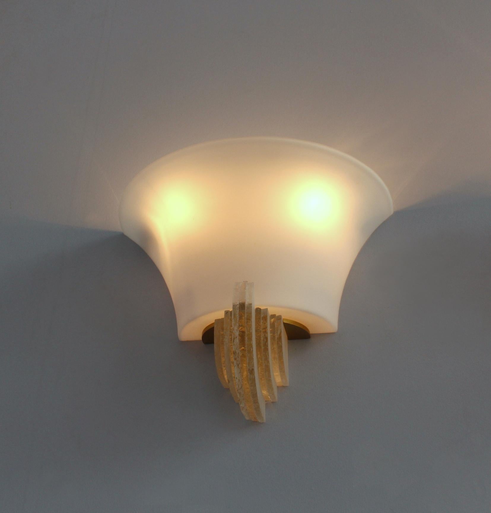 Pair of Fine French Art Deco Glass, Opaline and Bronze Sconces by Jean Perzel For Sale 5