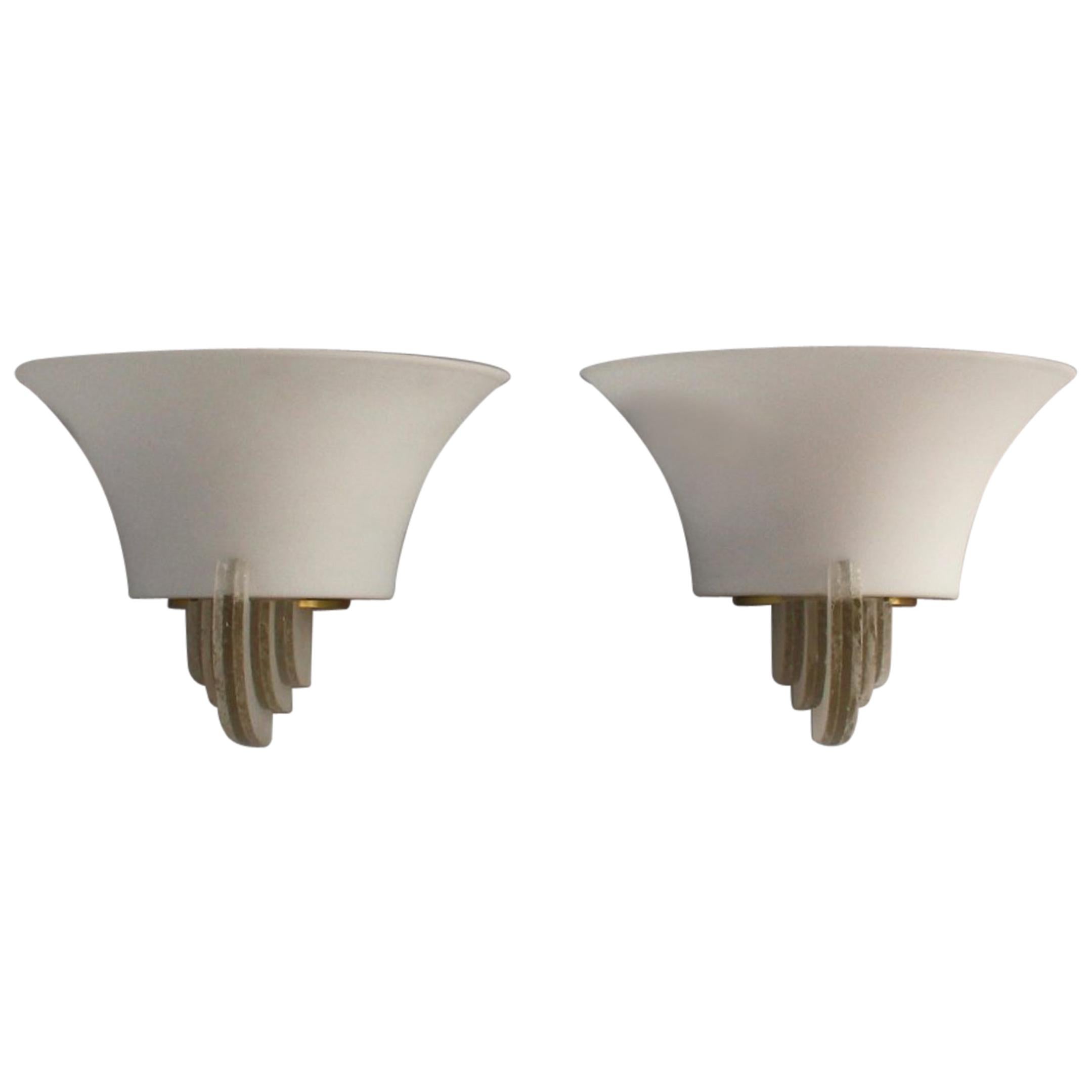 Pair of Fine French Art Deco Glass, Opaline and Bronze Sconces by Jean Perzel