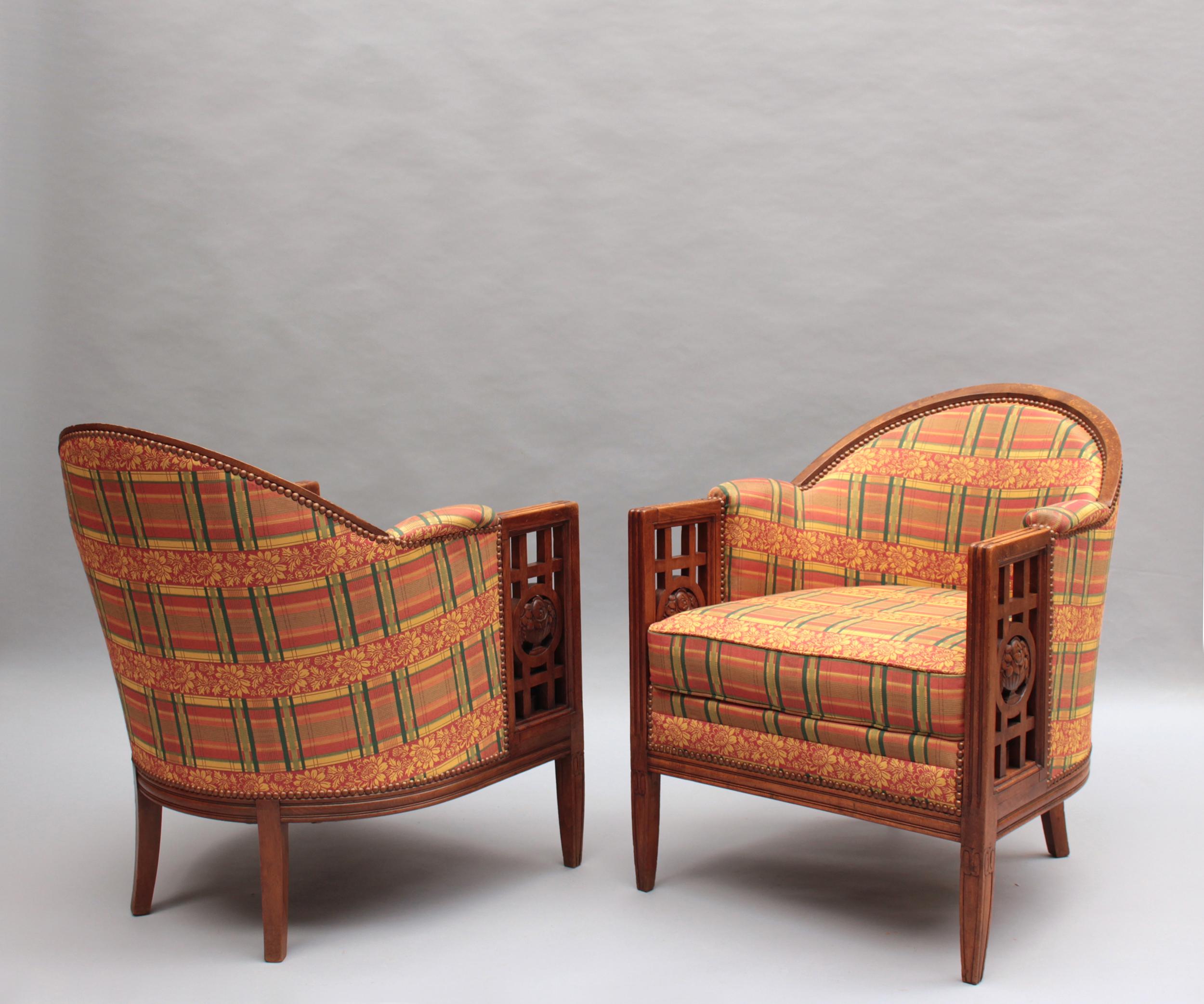 Fabric Pair of Fine French Art Deco Mahogany Armchairs by Paul Follot For Sale