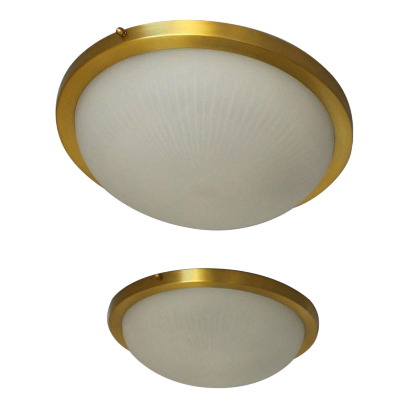 Pair of Fine French Art Deco Round Glass and Brass Flush Mount by Perzel