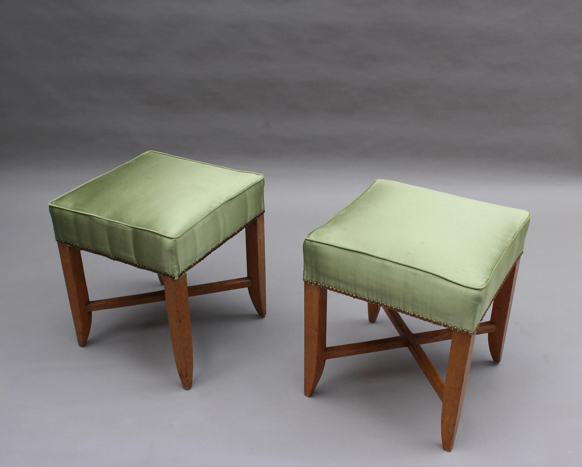 Fabric Pair of Fine French Art Deco Stools For Sale