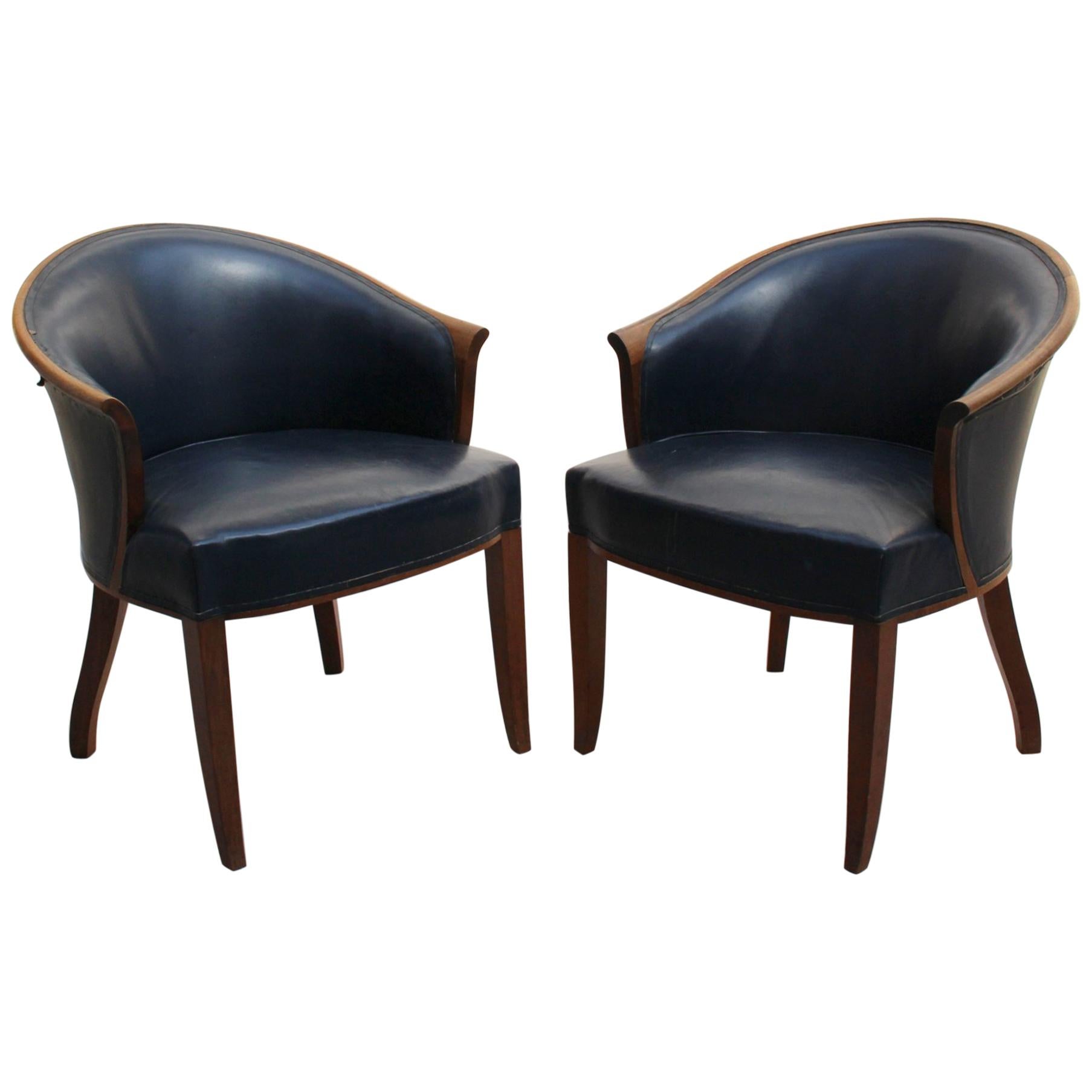 A Pair of Fine French Art Deco Walnut Armchairs by Leleu