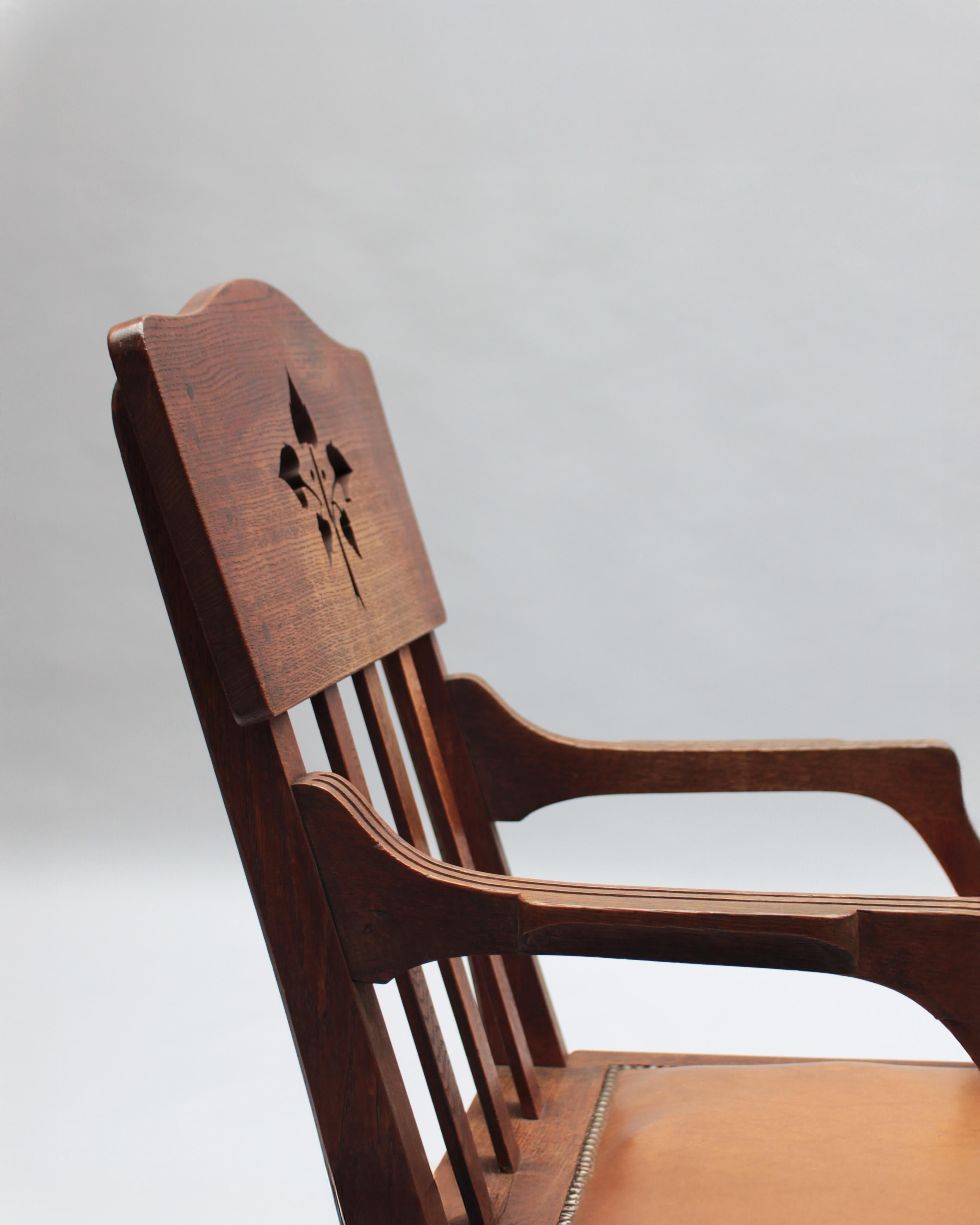 Pair of Fine French Art Nouveau Solid Oak Armchairs by Leon Jallot For Sale 8