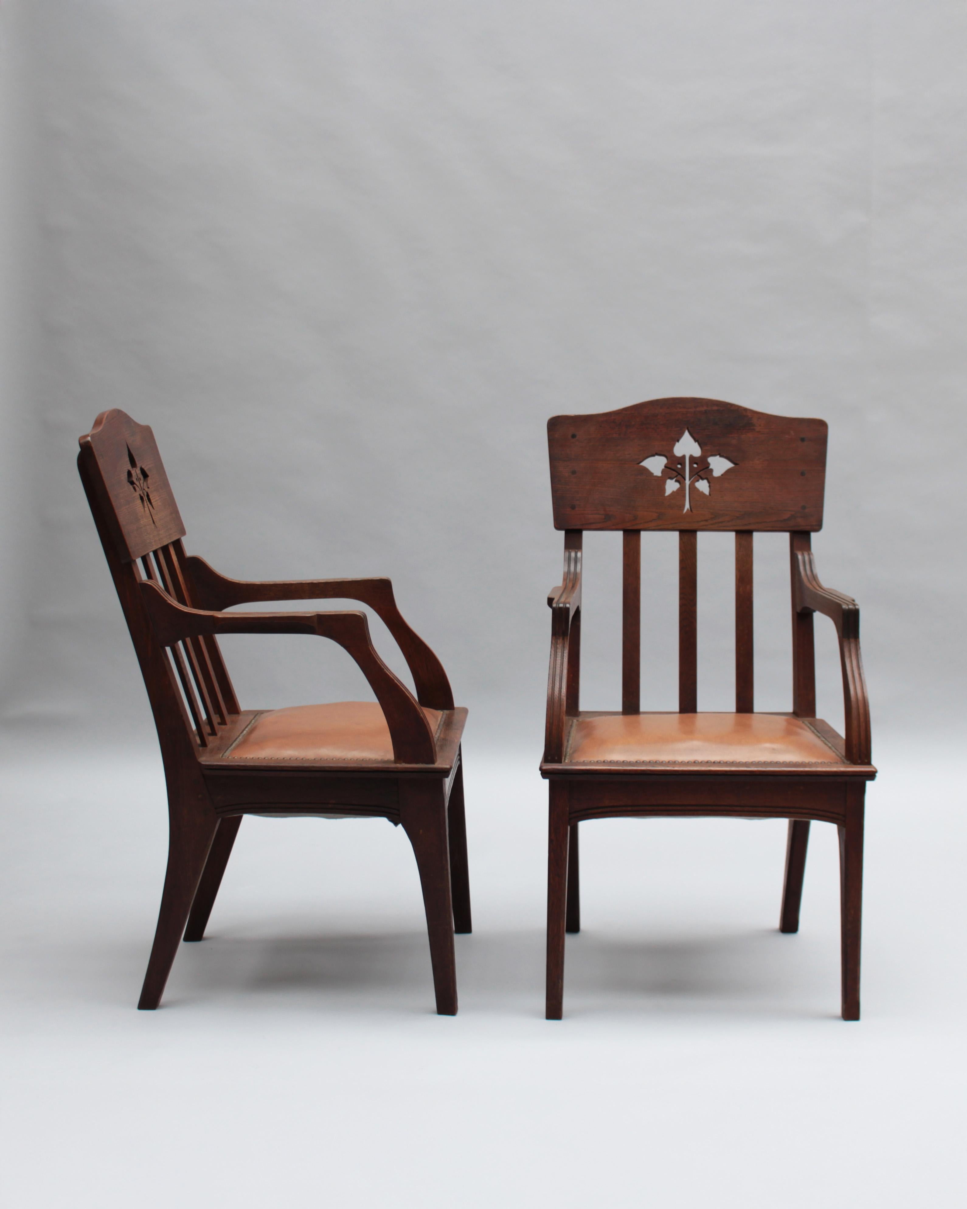 Art Deco Pair of Fine French Art Nouveau Solid Oak Armchairs by Leon Jallot For Sale