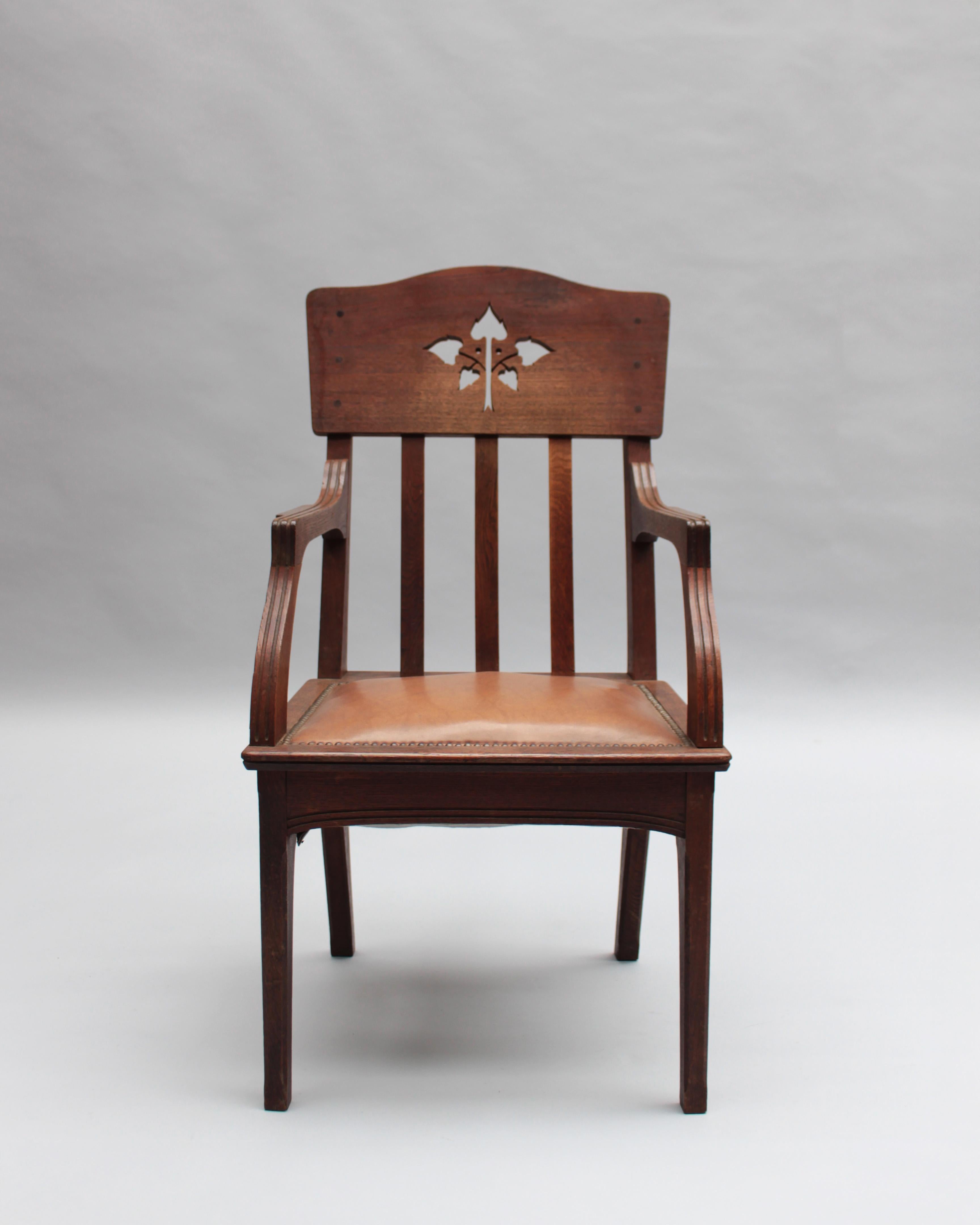 Early 20th Century Pair of Fine French Art Nouveau Solid Oak Armchairs by Leon Jallot For Sale