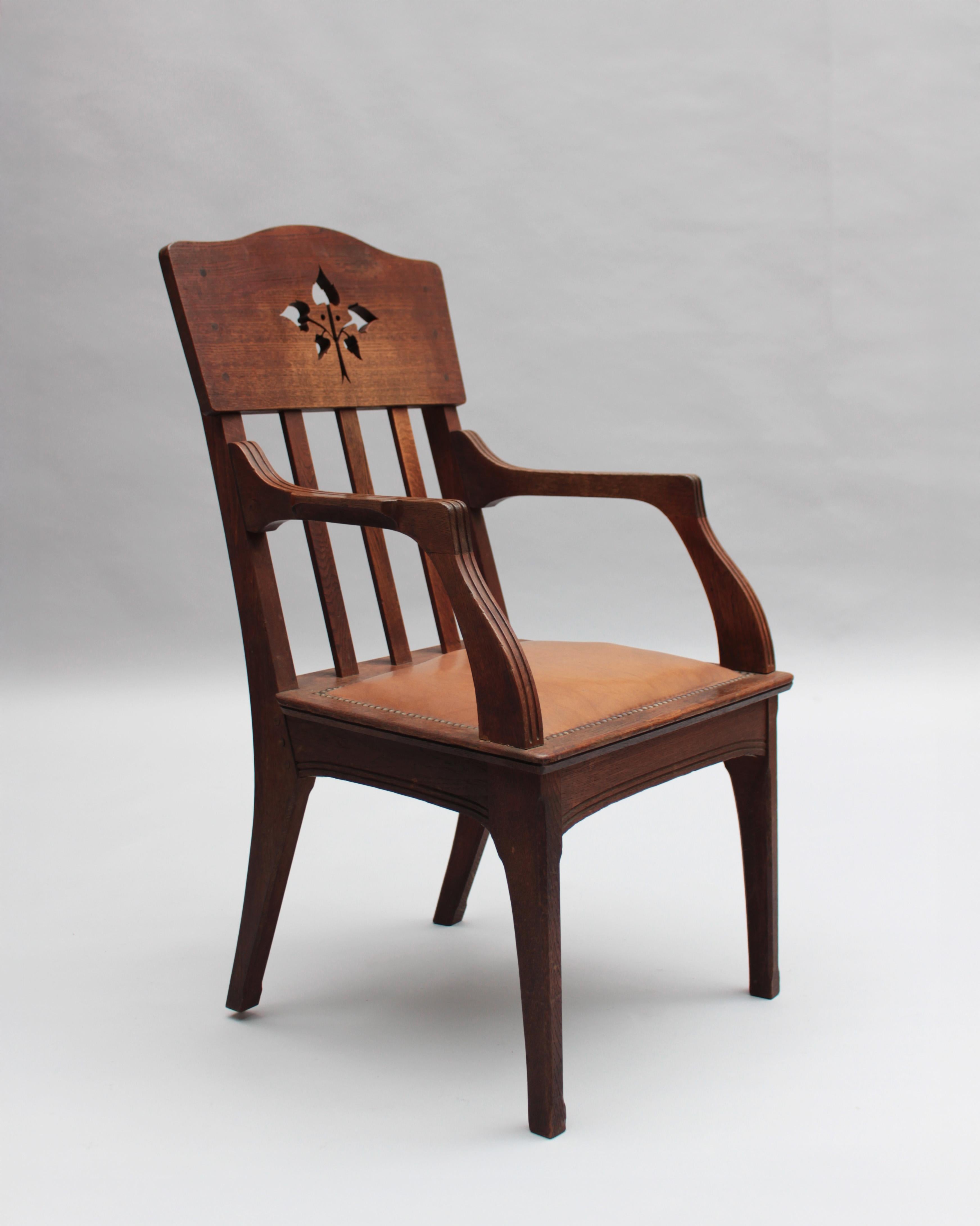 Pair of Fine French Art Nouveau Solid Oak Armchairs by Leon Jallot For Sale 1