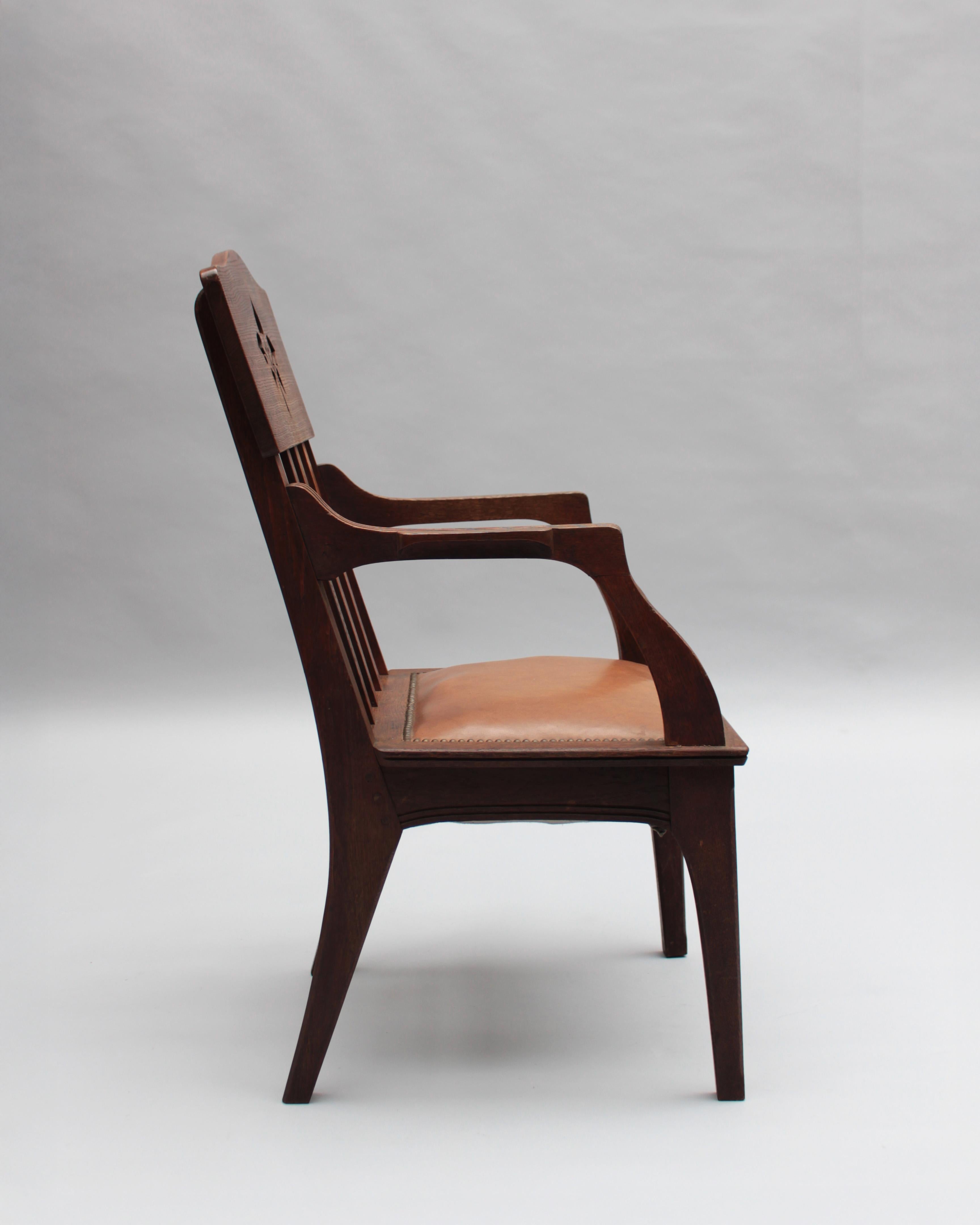 Pair of Fine French Art Nouveau Solid Oak Armchairs by Leon Jallot For Sale 2