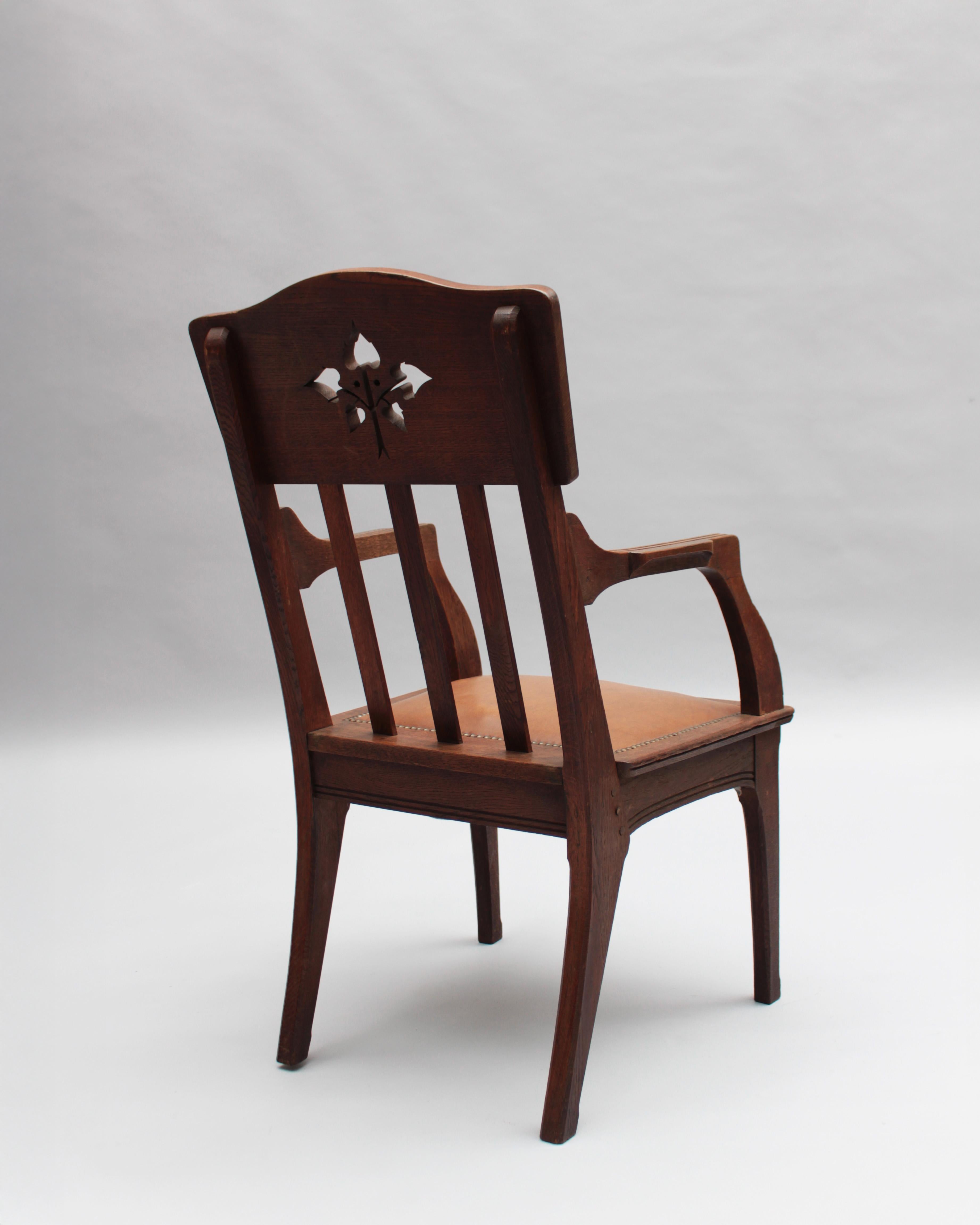 Pair of Fine French Art Nouveau Solid Oak Armchairs by Leon Jallot For Sale 3