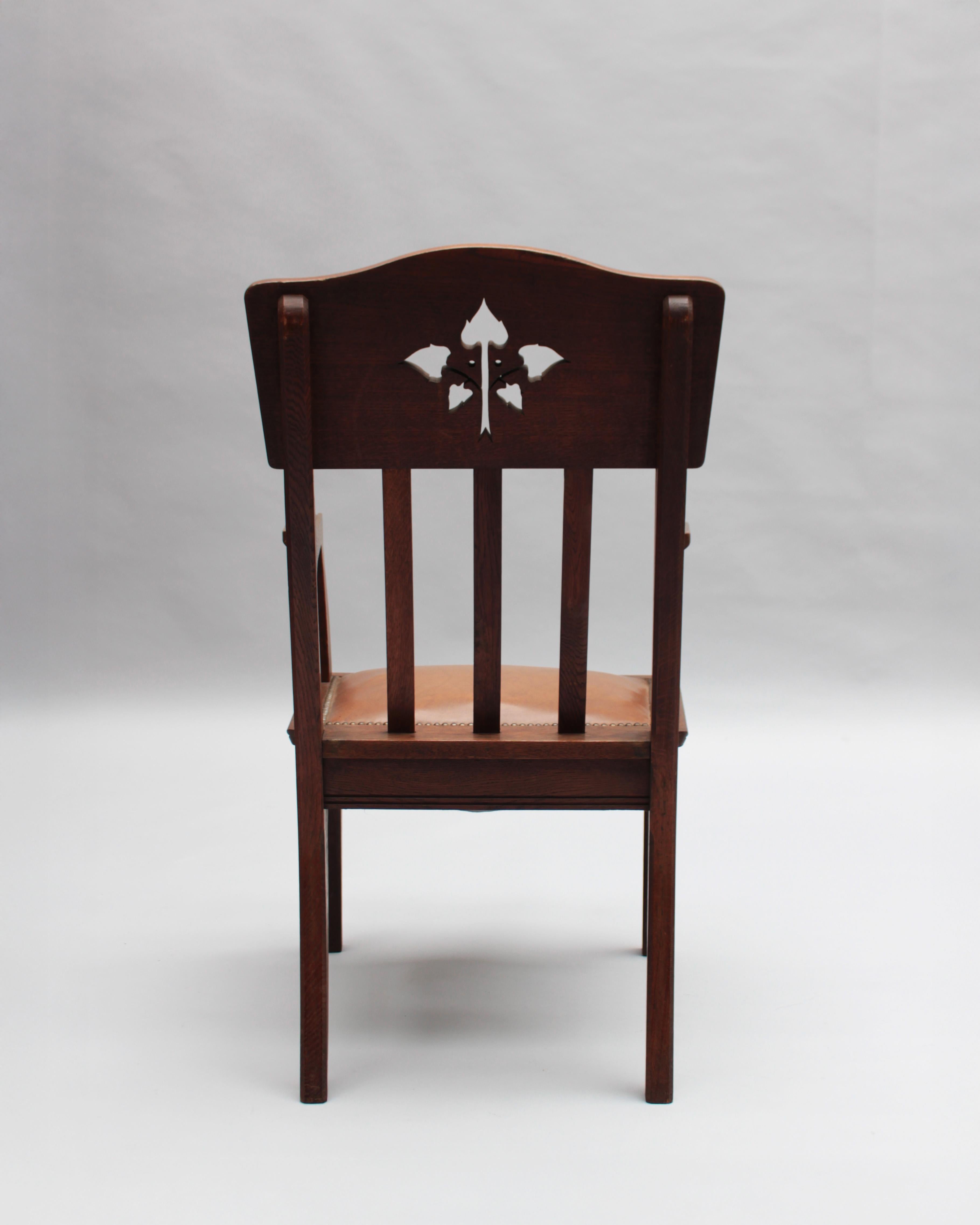 Pair of Fine French Art Nouveau Solid Oak Armchairs by Leon Jallot For Sale 4