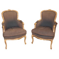 Pair of Fine French Carved Balloon Back Bergere Chairs Curca, 1950