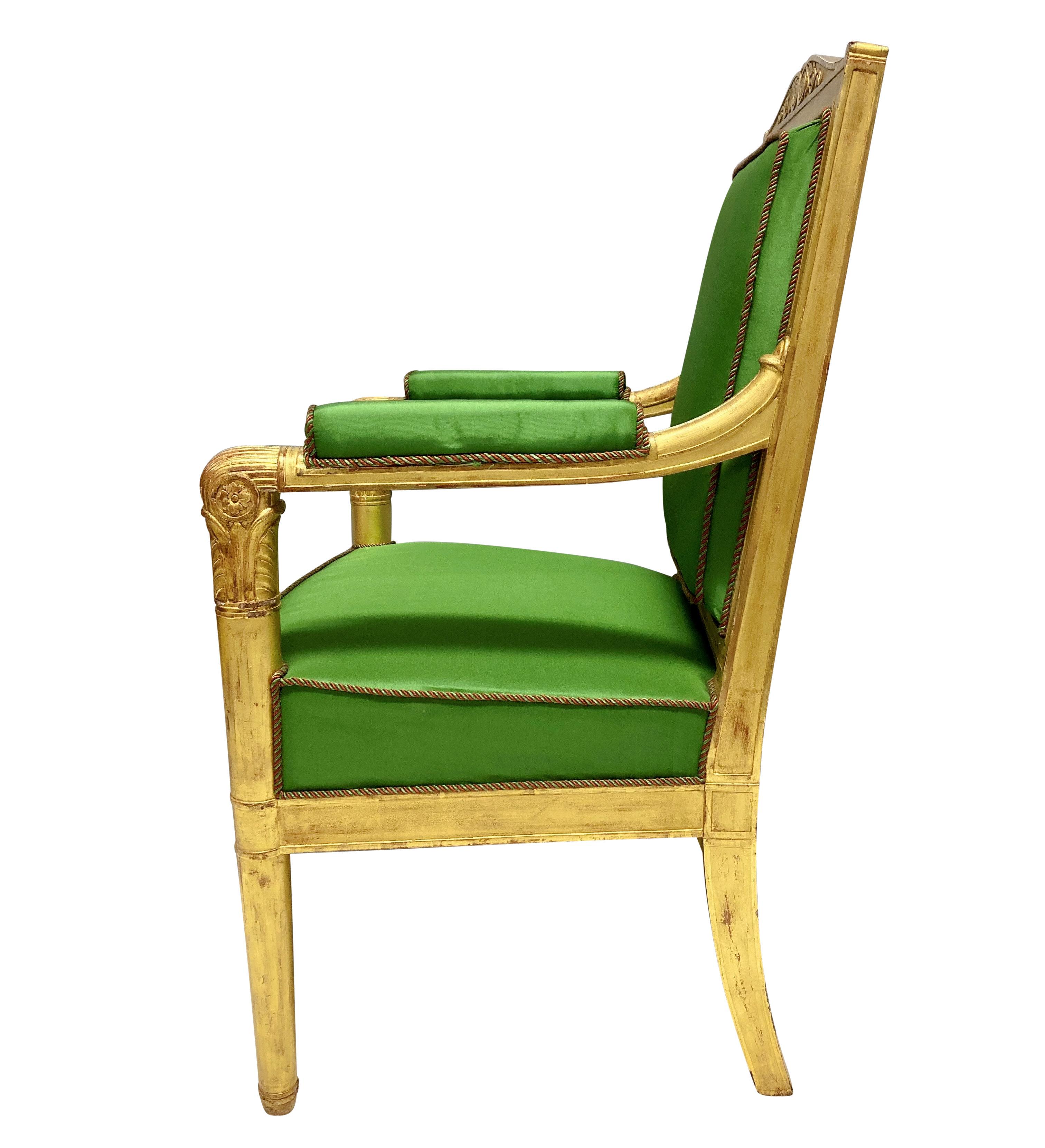 Pair Of Fine French Empire Giltwood Armchairs In Apple Green Silk In Good Condition For Sale In London, GB