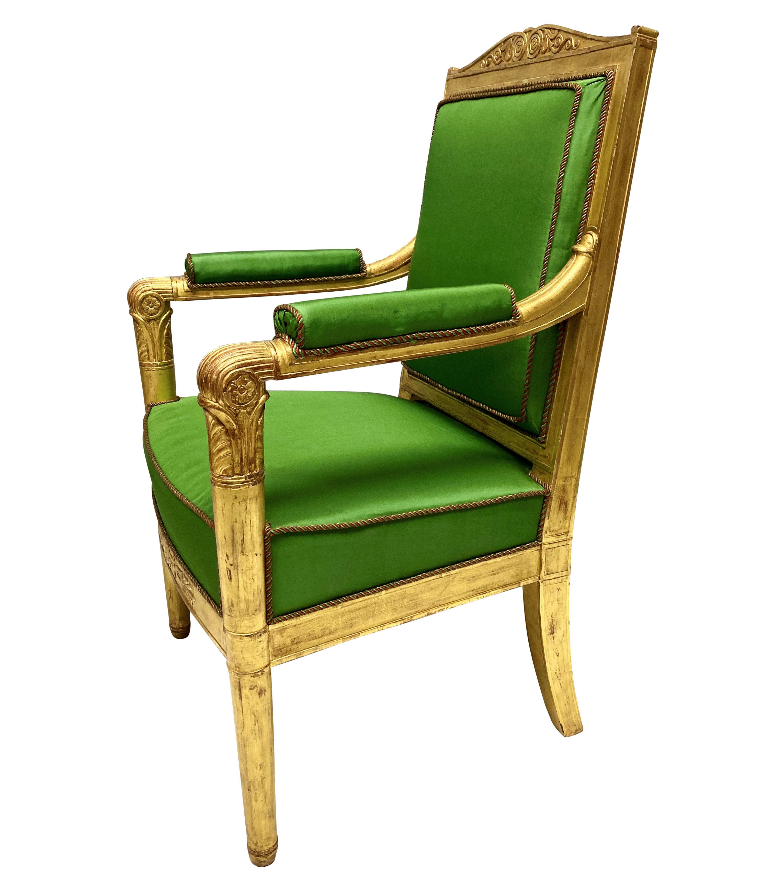 Mid-20th Century Pair Of Fine French Empire Giltwood Armchairs In Apple Green Silk For Sale