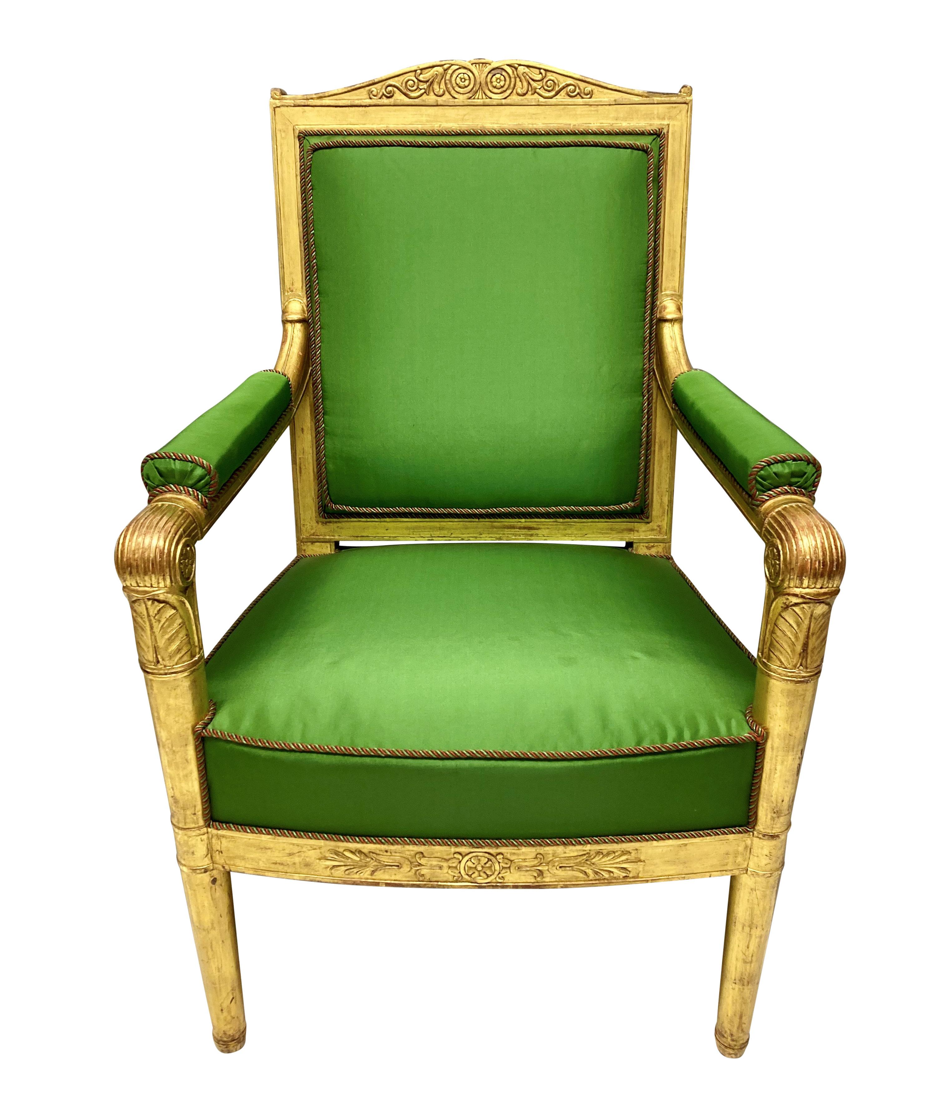Fruitwood Pair Of Fine French Empire Giltwood Armchairs In Apple Green Silk For Sale