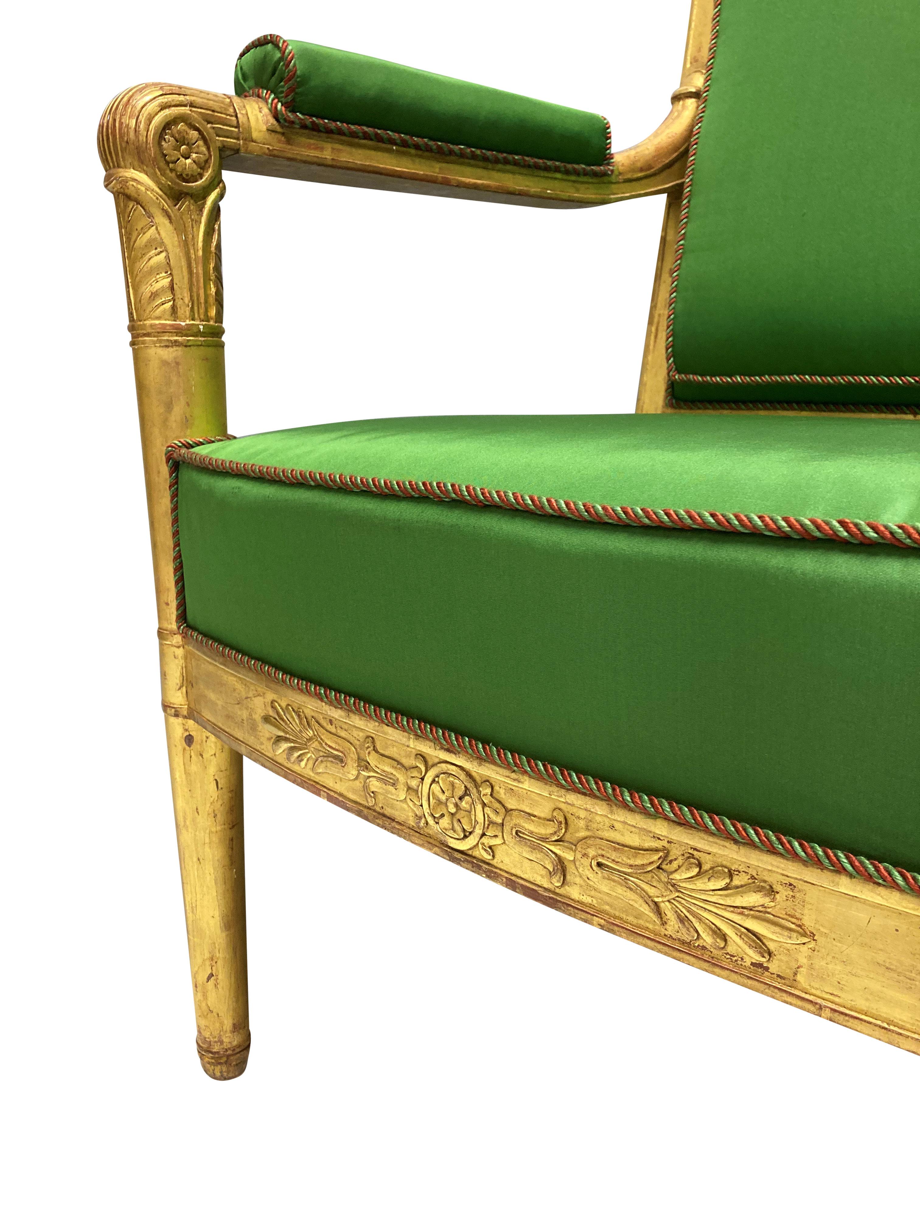 Pair Of Fine French Empire Giltwood Armchairs In Apple Green Silk For Sale 1