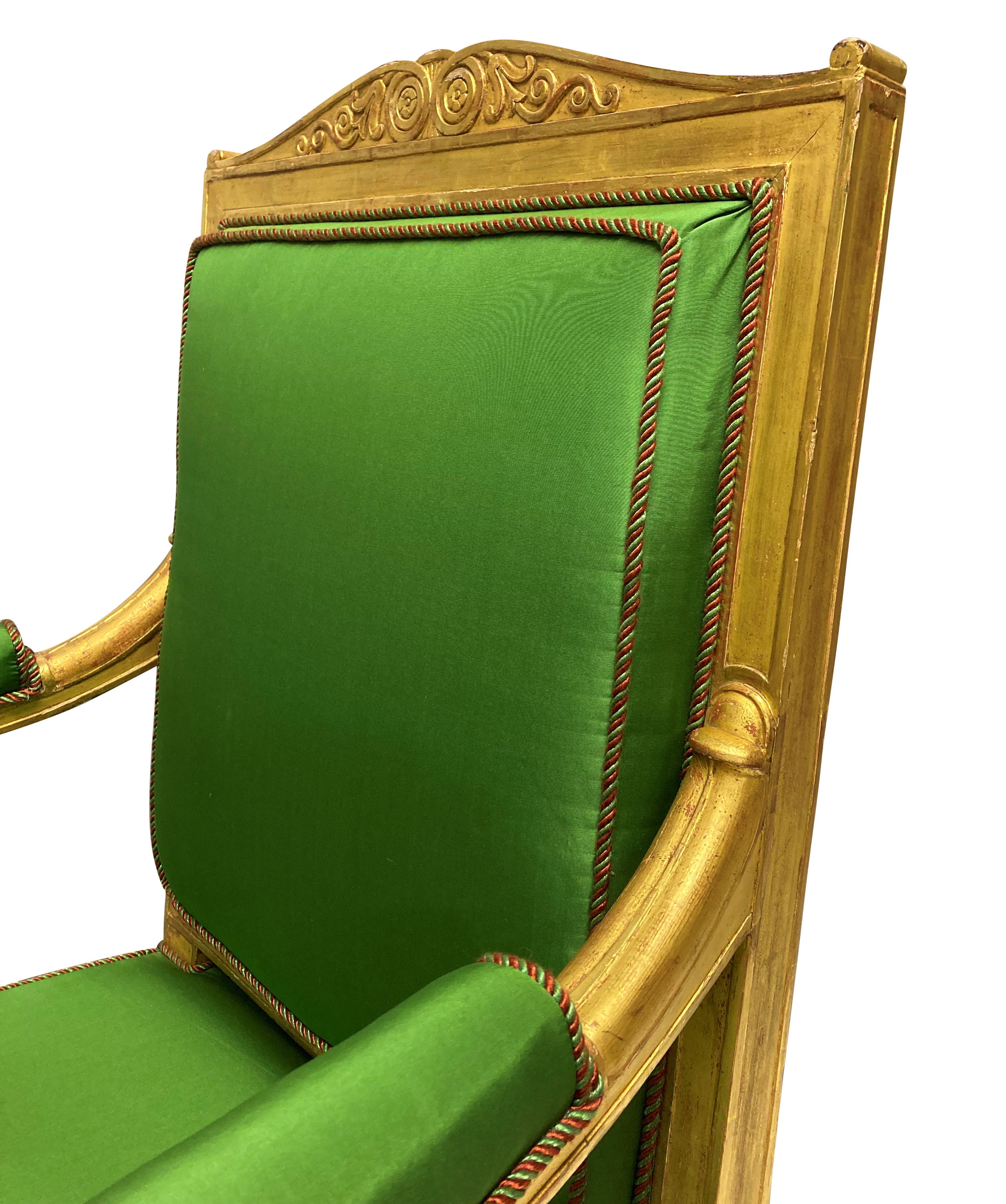 Pair Of Fine French Empire Giltwood Armchairs In Apple Green Silk For Sale 2