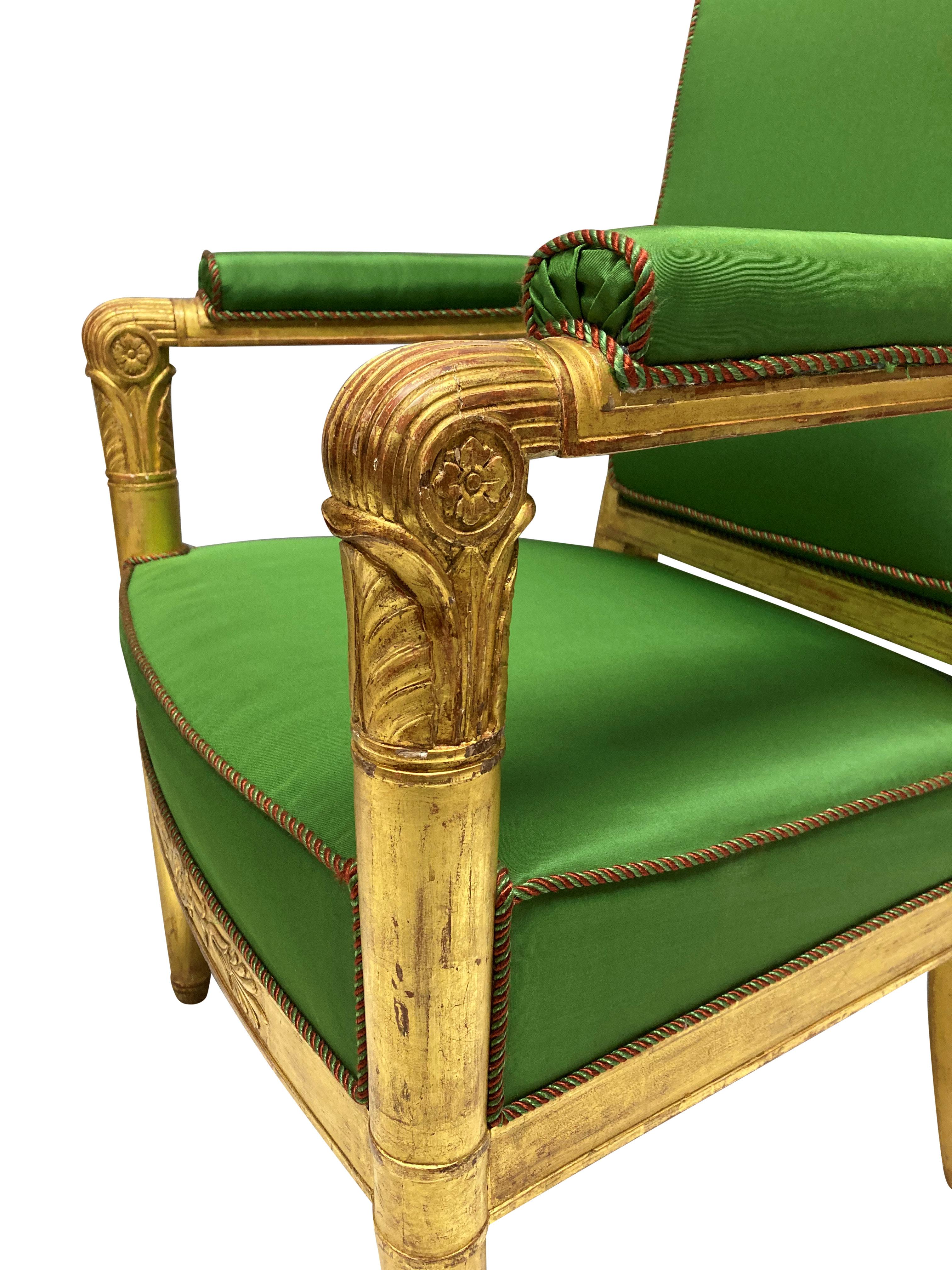 Pair Of Fine French Empire Giltwood Armchairs In Apple Green Silk For Sale 3