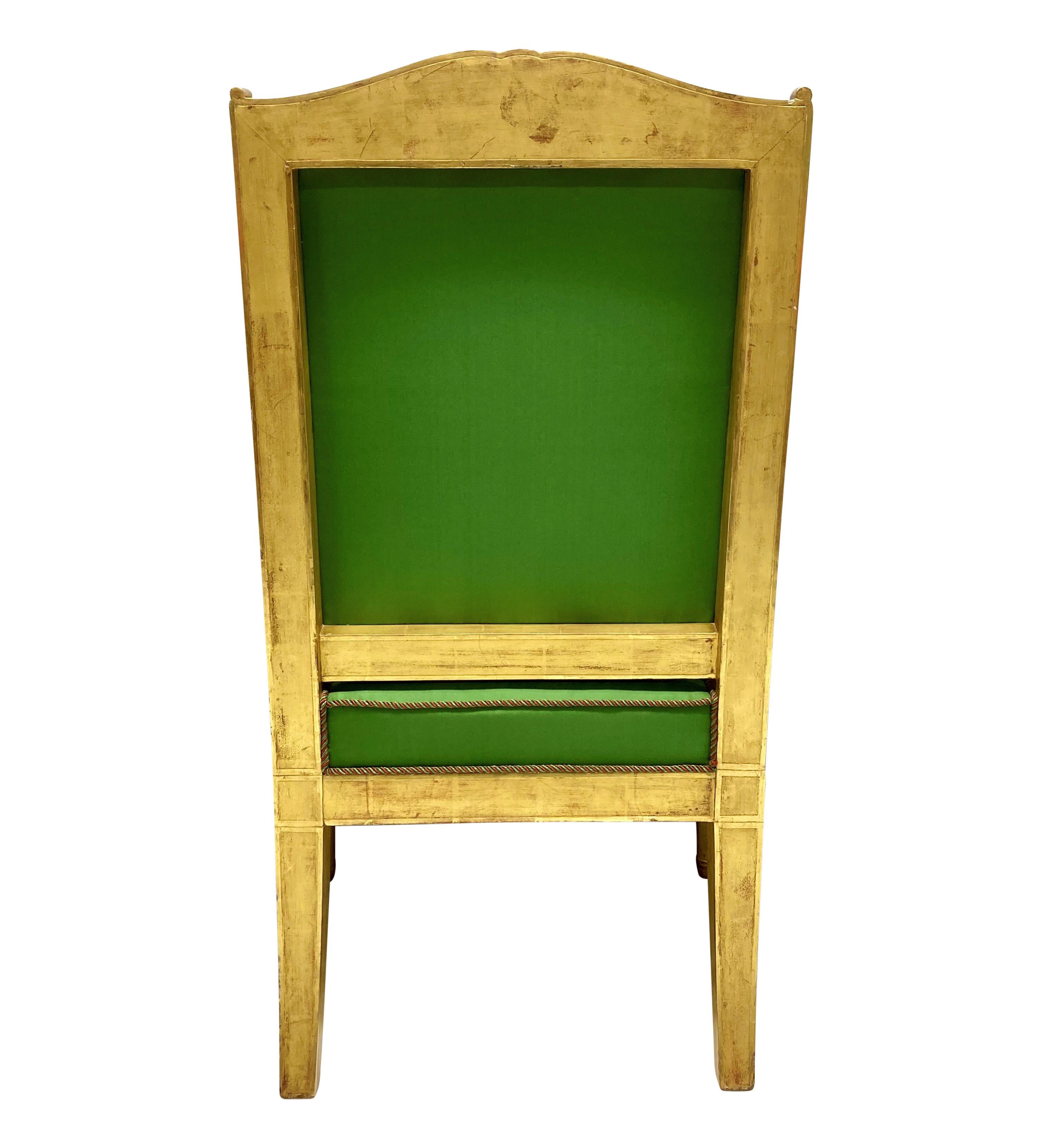 Pair Of Fine French Empire Giltwood Armchairs In Apple Green Silk For Sale 4