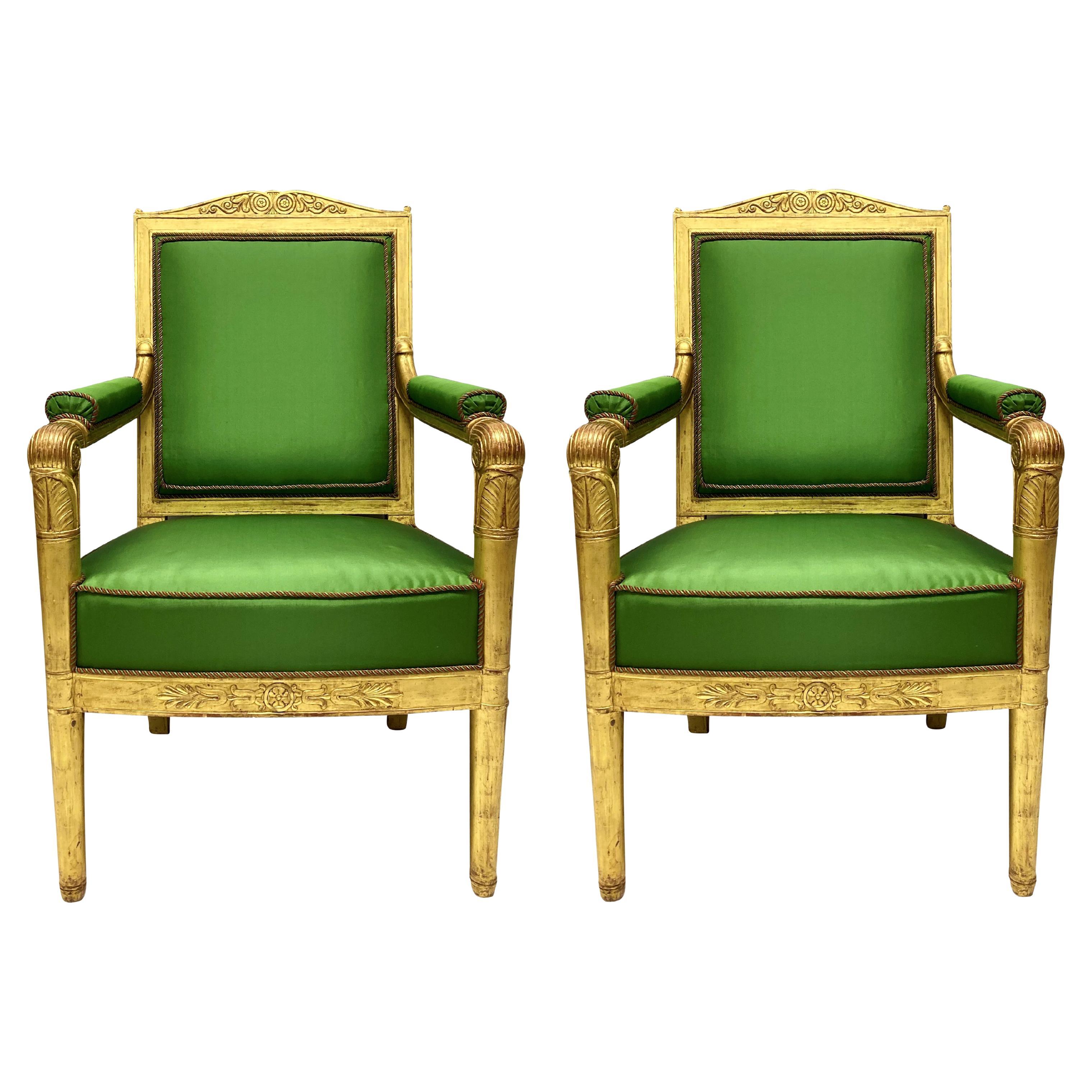 Pair Of Fine French Empire Giltwood Armchairs In Apple Green Silk For Sale