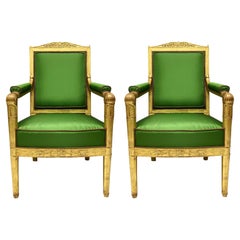 Vintage Pair Of Fine French Empire Giltwood Armchairs In Apple Green Silk