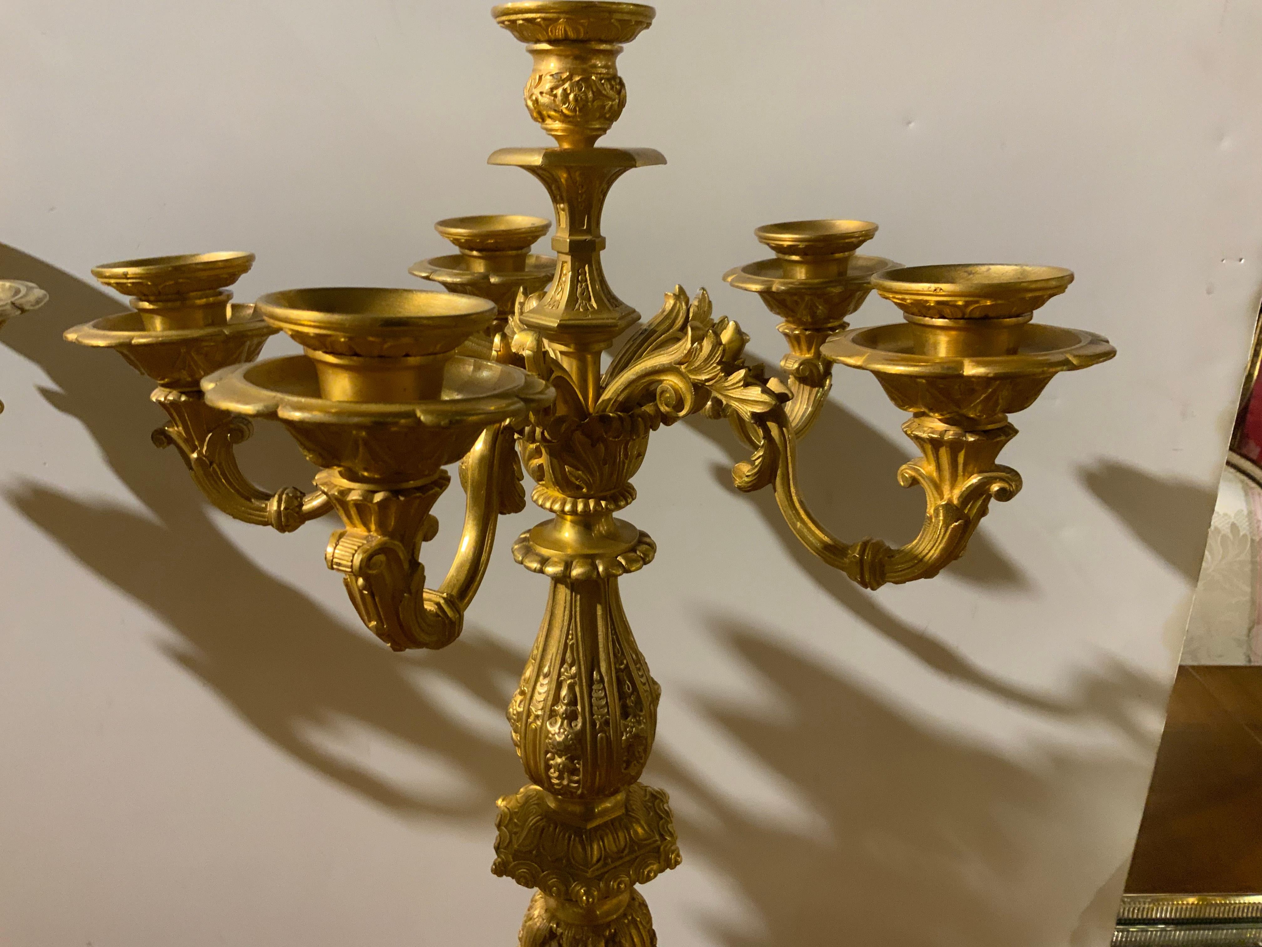 19th Century Pair of Fine French Gilt Bronze Candleabrum, Mid 19th c. Six Candle Nozzles For Sale