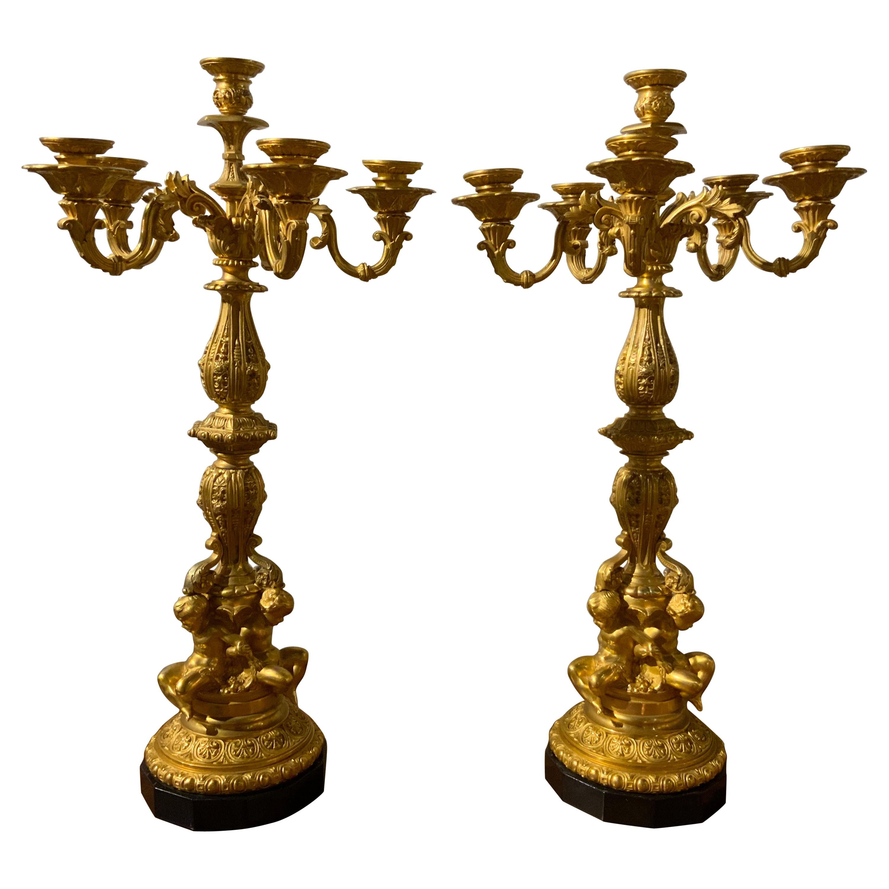 Pair of Fine French Gilt Bronze Candleabrum, Mid 19th c. Six Candle Nozzles For Sale