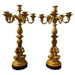 Pair of Fine French Gilt Bronze Candleabrum, Mid 19th c. Six Candle Nozzles