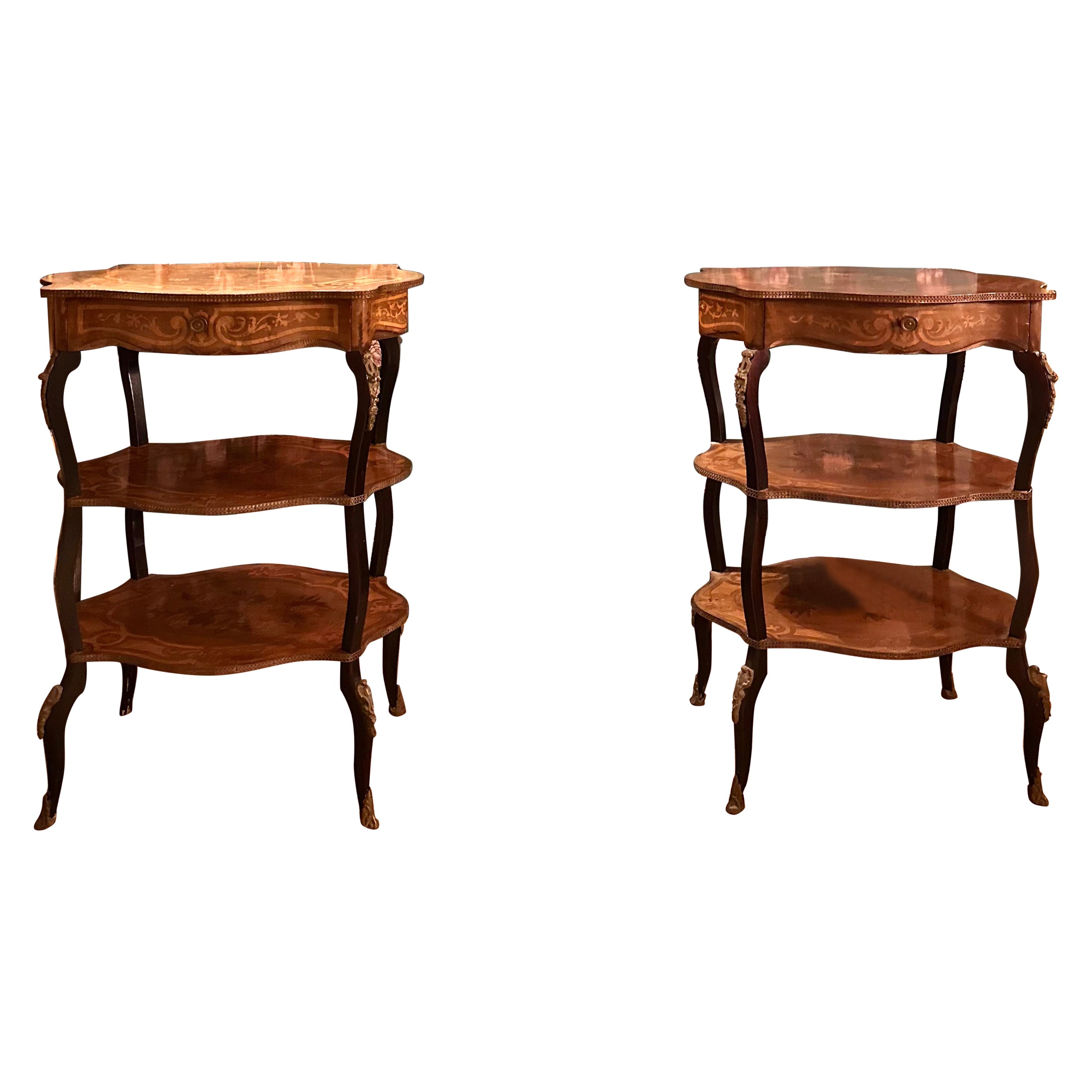 Pair of Fine French Louis XVI Style Marquetry Étagère Side Tables with Drawer