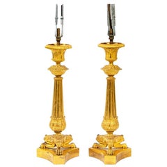 Pair of Fine French Napoleon III Doré Bronze Candlestick Lamps