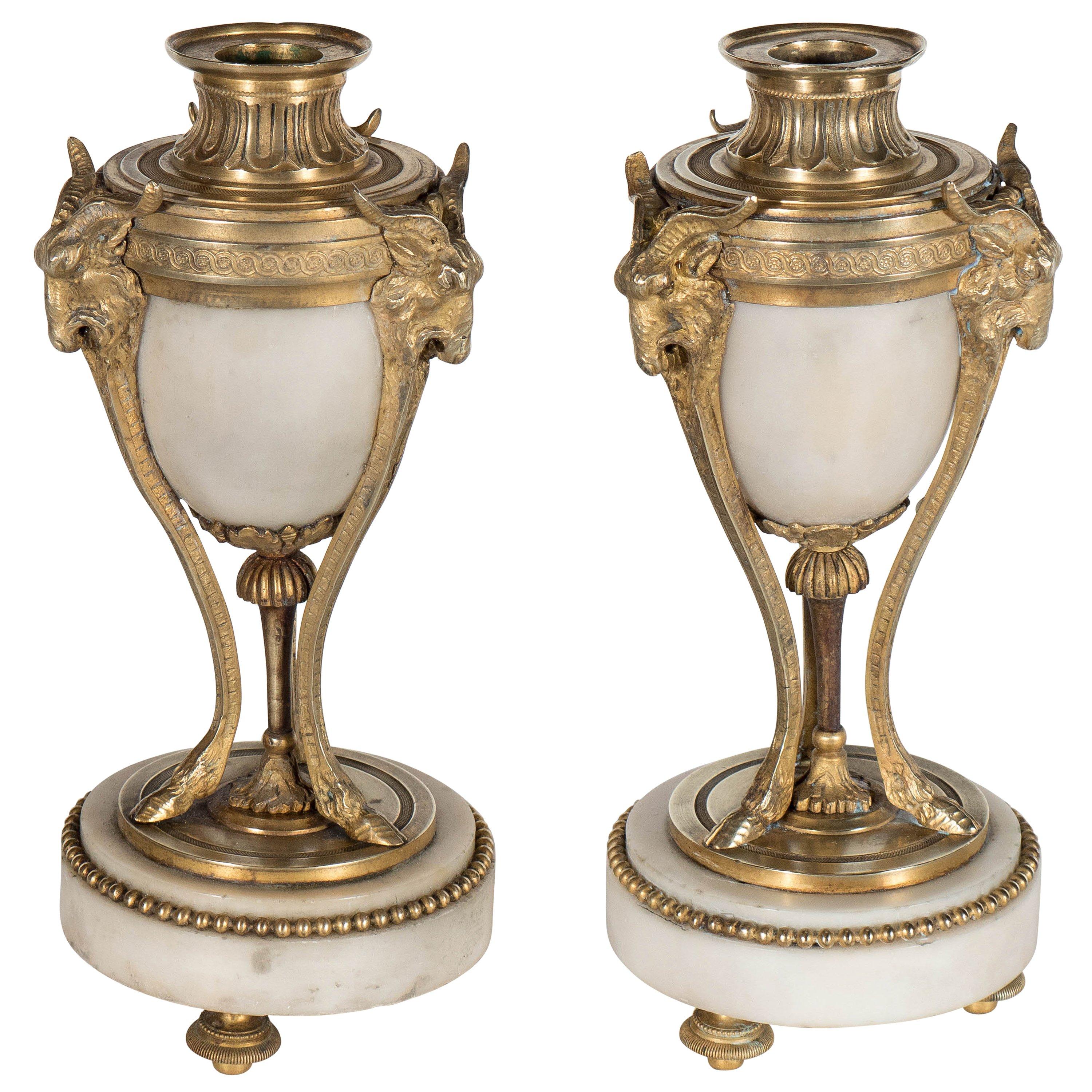 Pair of Fine French Ormolu and Alabaster Candlesticks with Goat & Hoof Motif