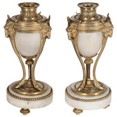 Pair of Fine French Ormolu and Alabaster Candlesticks with Goat & Hoof Motif