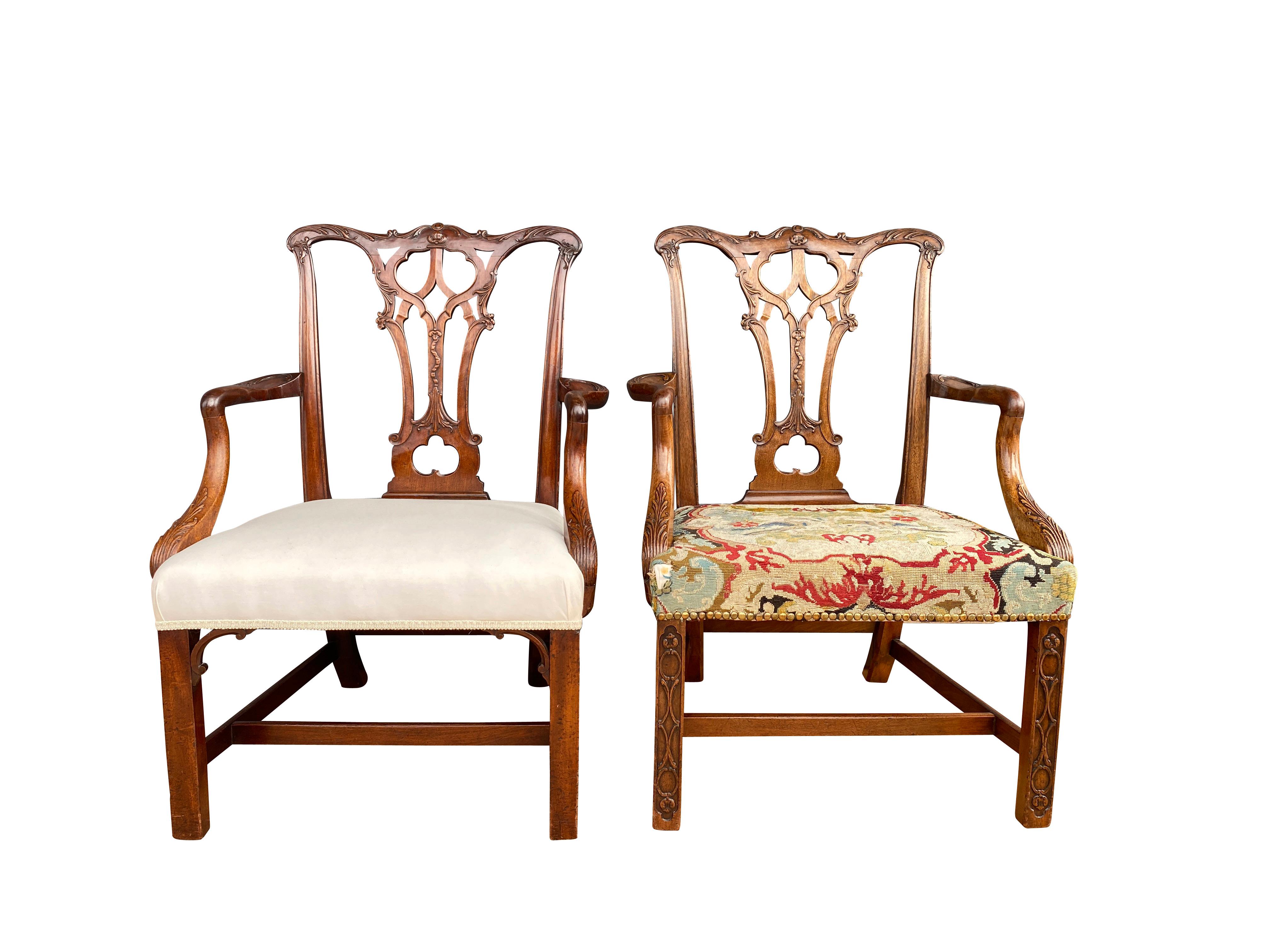 These chairs were sourced from two different locations one from New York the other Boston. They are English and are from the same set reunited after many years apart. The difference between them is that one has later blind fret carved legs done as
