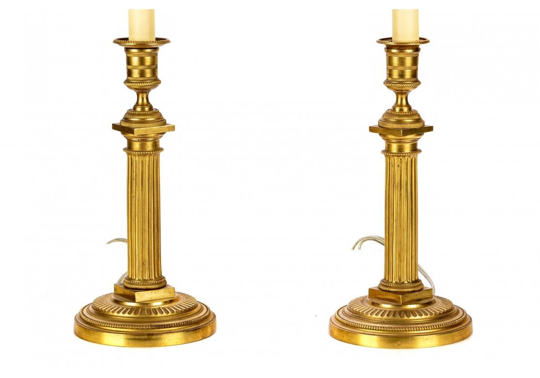Pair of Fine Gilt Brass French Empire Style Candlestick Lamps W/ Hardback Shades 2