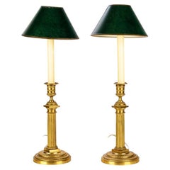 Pair of Fine Gilt Brass French Empire Style Candlestick Lamps W/ Hardback Shades